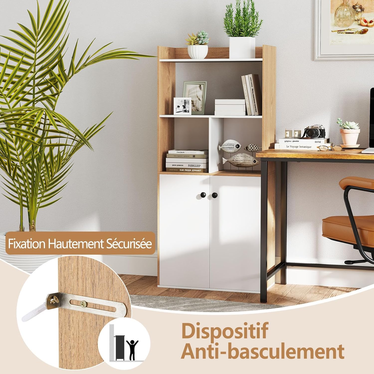 Estante, roupeiro de duas portas com prateleira aberta, dispositivo anti-inclinação, 60x30x140cm - 7