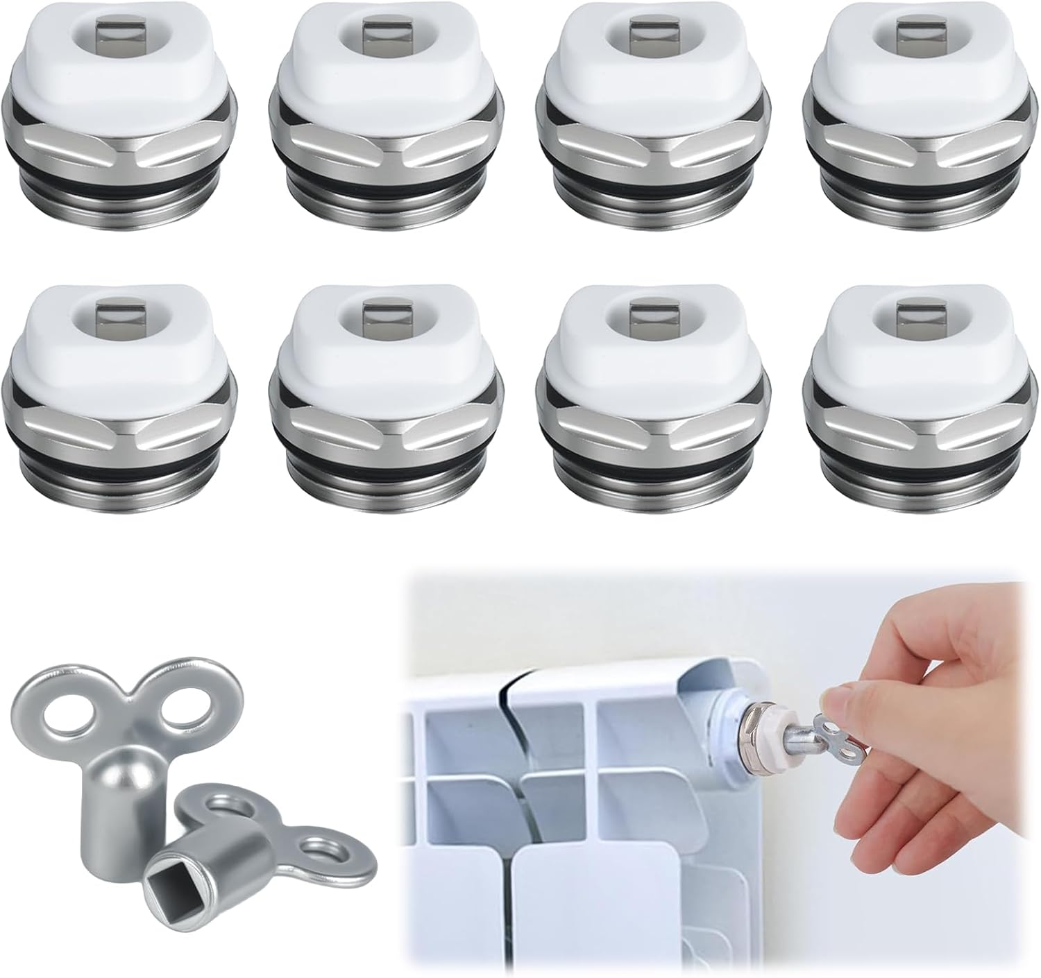 8 szt. zaworów odpowietrzających do grzejników z 2 kluczami odpowietrzającymi, 1/2" mosiądz niklowany, do grzejników, ręczny zawór odpowietrzając