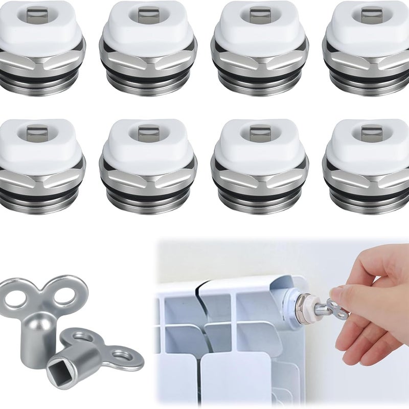 8 szt. zaworów odpowietrzających do grzejników z 2 kluczami odpowietrzającymi, 1/2" mosiądz niklowany, do grzejników, ręczny zawór odpowietrzając