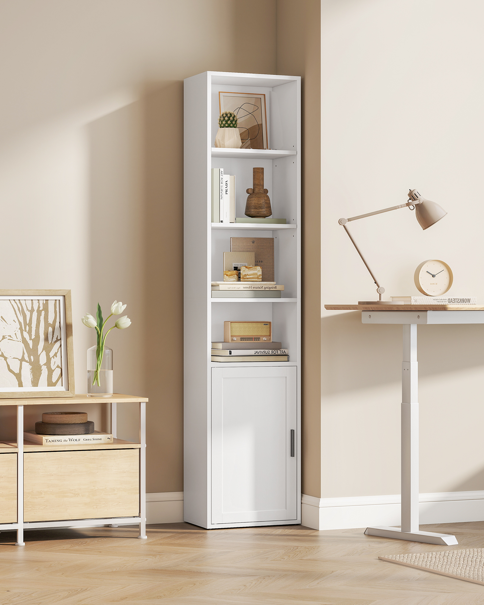 Bibliothèque, Étagère Haute sur 6 Niveaux, avec Porte, Meuble de Rangement Ouvert, 24 x 31,8 x 175 cm, pour Salon, Bureau, Salle à Manger, Blanc Nuage - 2