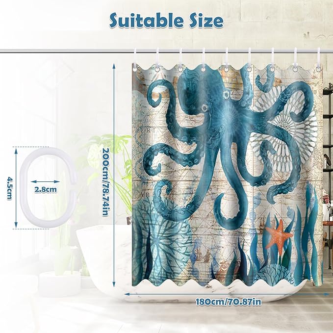 Rideau de douche 180 x 200 cm polyester anti-moisissure motif pieuvre + 12 crochets C lavable imperméable pour baignoire maison hôtel