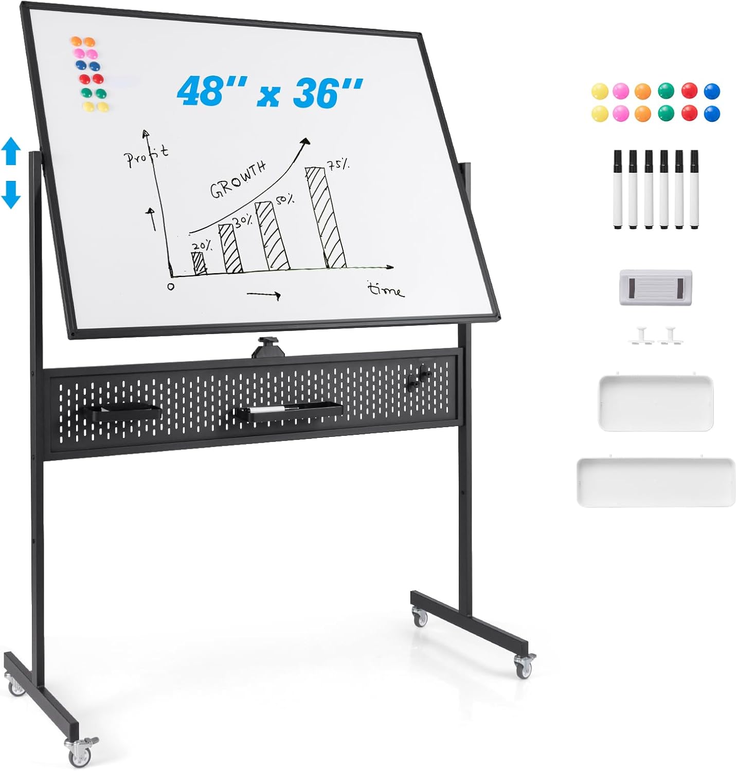 Magnetyczna Tablica Obrotowa o 360°, o Regulowanej Wysokości w 2 Pozycjach, Mobilna, Wymazywania, Deski z 120 x 90 cm (90 x 120 cm | Otwory, Czarna)