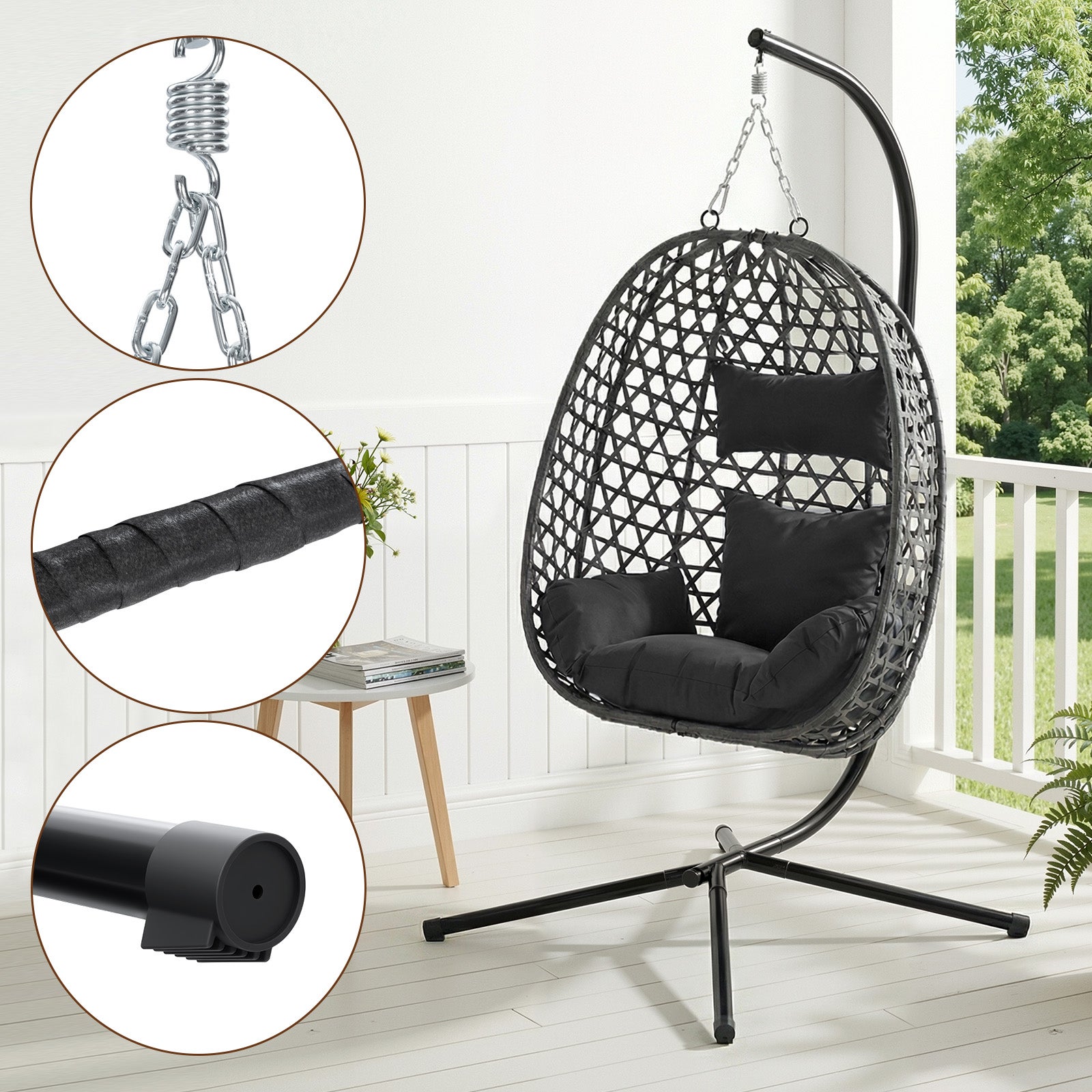 WOLTU Fauteuil Œuf Suspendu avec Support en Métal, Chaise Hamac Balançoire en Rotin PE, Coussin de Siège et Appui-tête, Noir - 3
