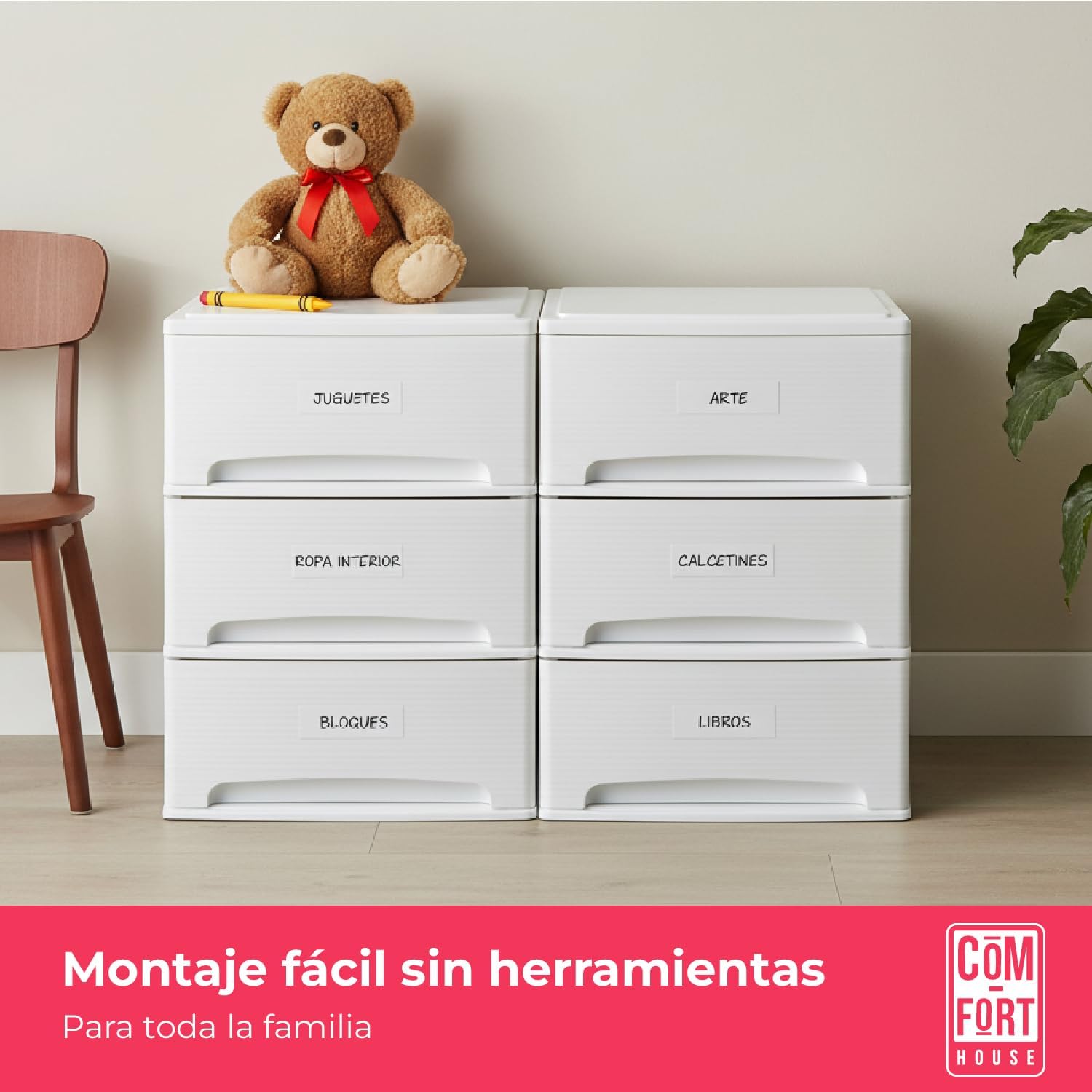 COM-FORT HOUSE | Cajonera Apilable de Plástico | Modelo Lineas | Color Blanco | Modelo de 3 Cajones | Cajones de Almacenamiento Modular - 5