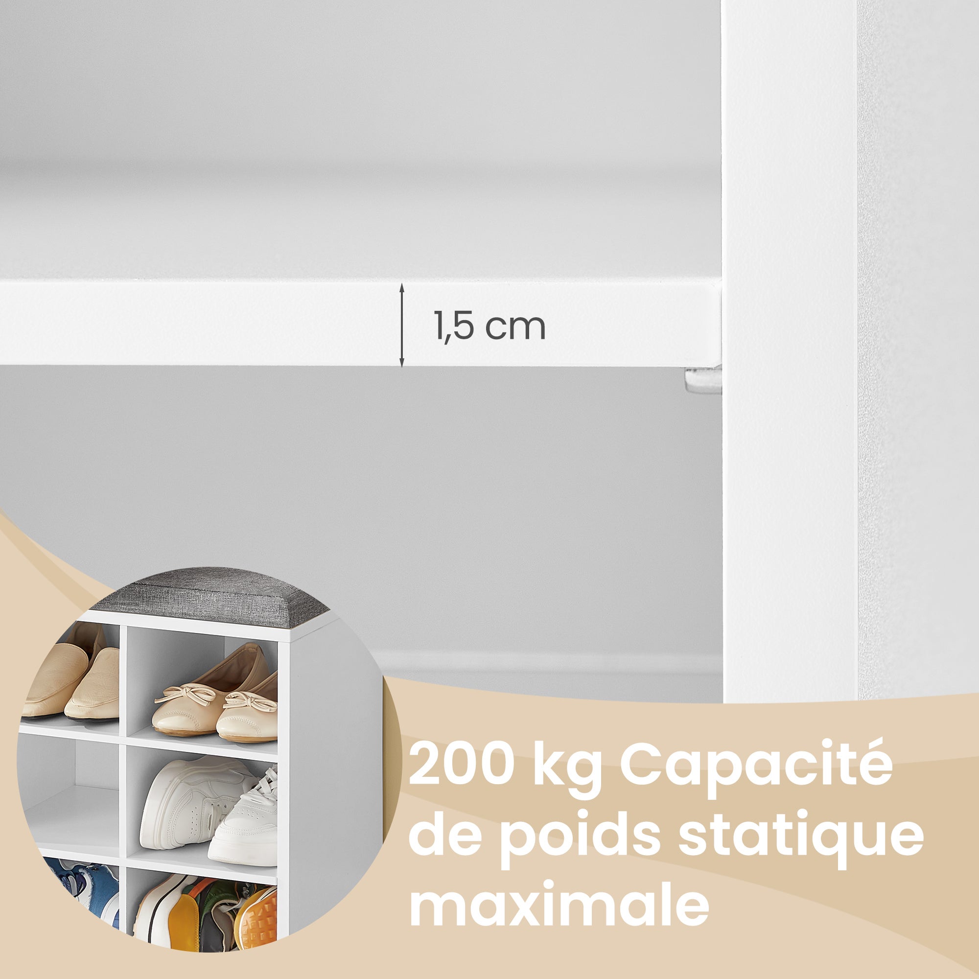 Banc à Chaussures, Banc de Rangement avec Siège Rembourré, 15 Compartiments, Étagères Réglables, pour Salon, Couloir, Blanc - 4