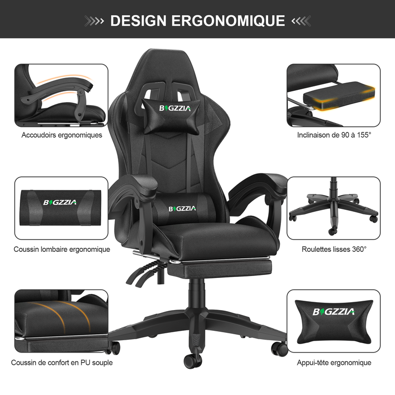 Sedia da ufficio, sedia da gioco ergonomica RATTANTREE in similpelle, altezza regolabile, con poggiatesta e supporto lombare, poggiapiedi, nera - 5