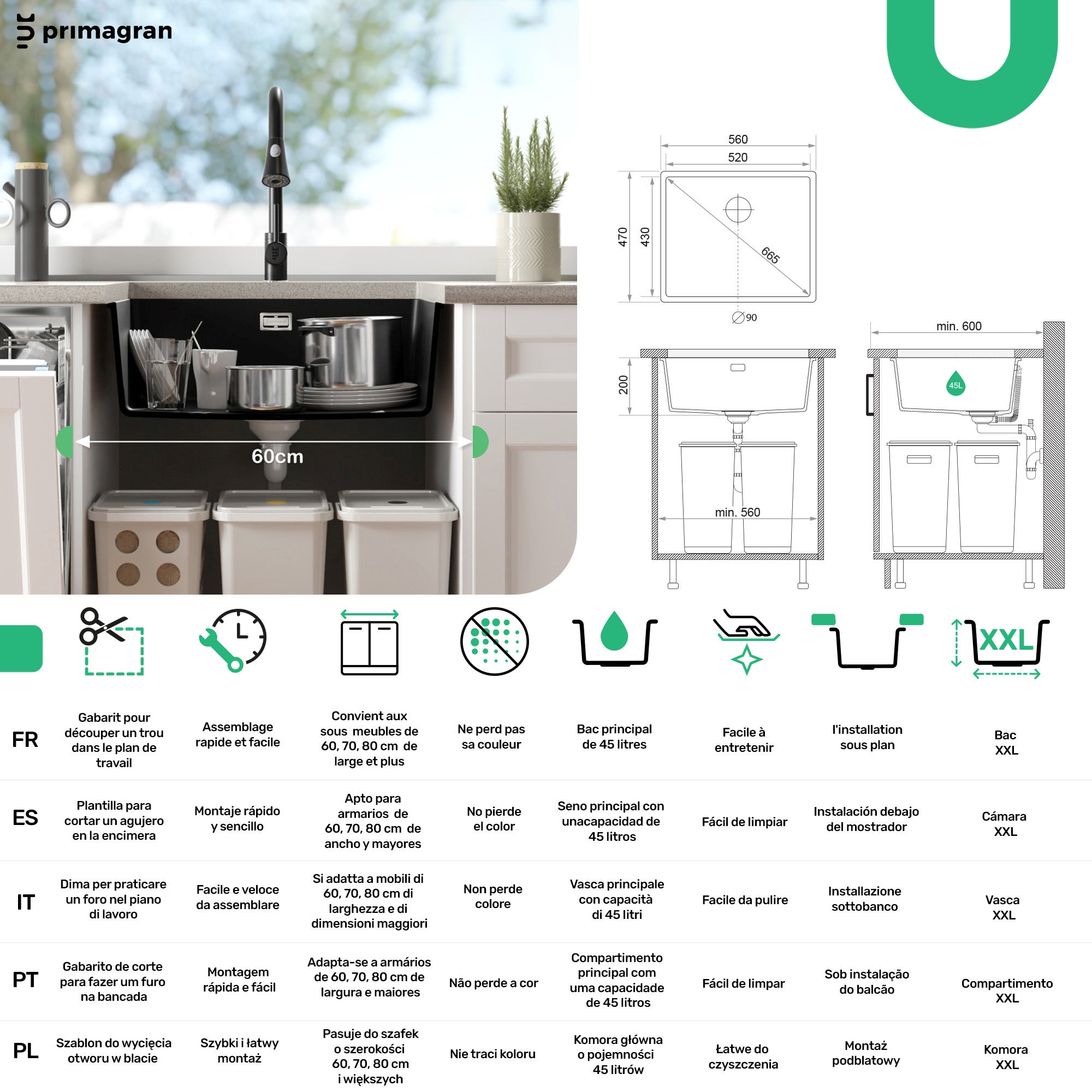 Lava-louça de encastrar Todo Branco 56x47cm, Pia de Cozinha 1 cuba + Kit de drenagem, Pia em Granito em armários de 60cm - Londres PRIMAGRAN - 6