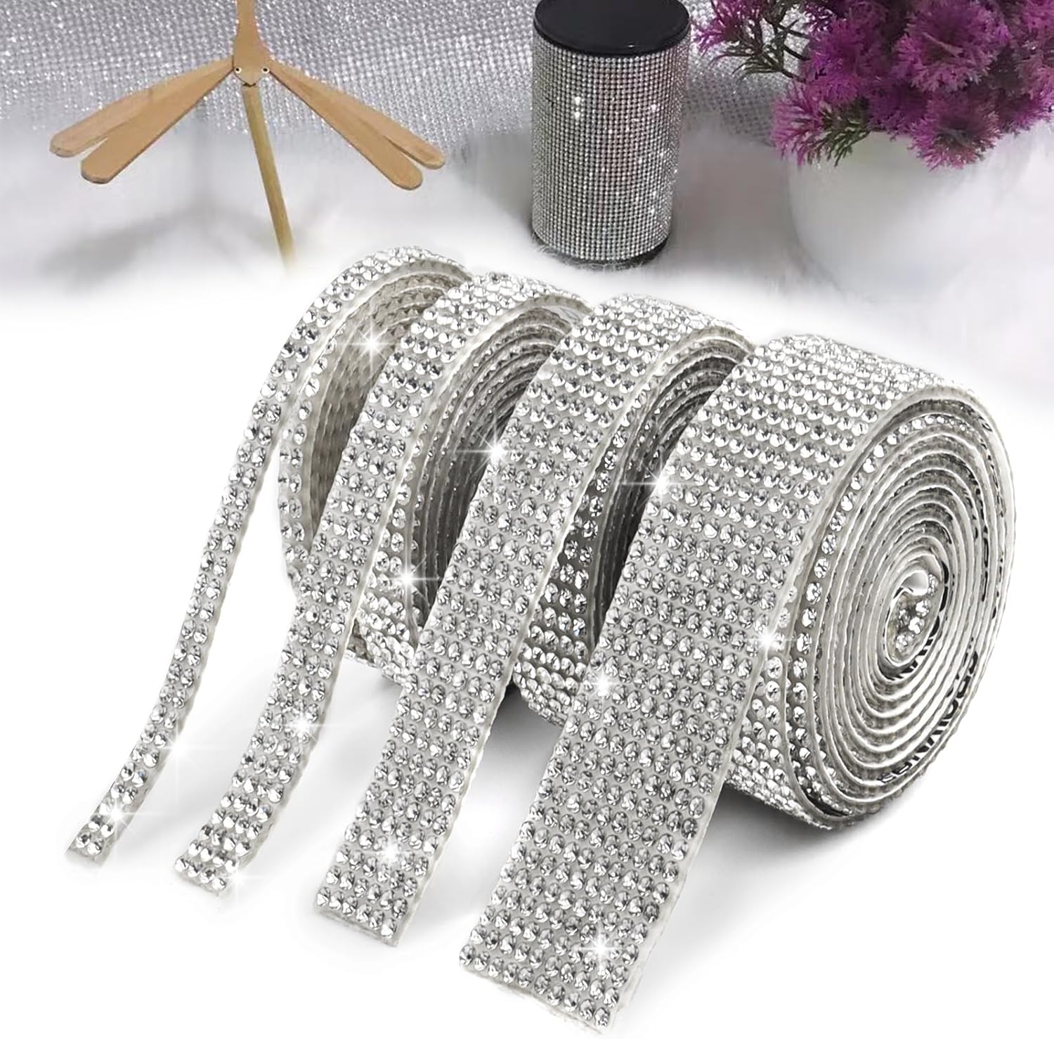 4 białe Rolki Kryształowej Wstążki z Rhinestone Diament Samoprzylepny, Bling Naklejka do Rękodzieła Artystycznego