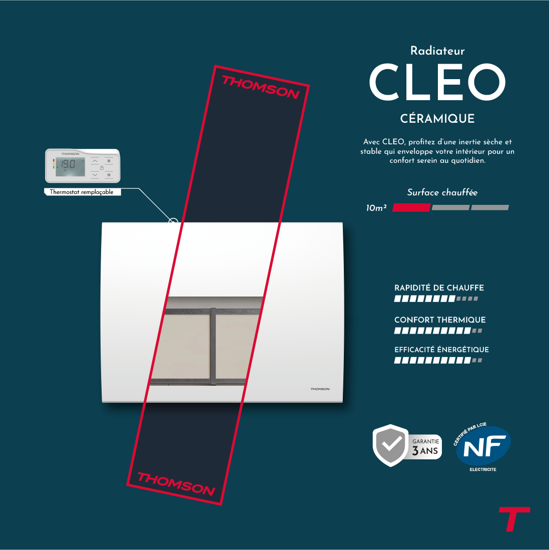 Radiateur électrique fixe à inertie sèche céramique avec thermostat interchangeable 1000W THOMSON CLEO horizontal blanc - 2