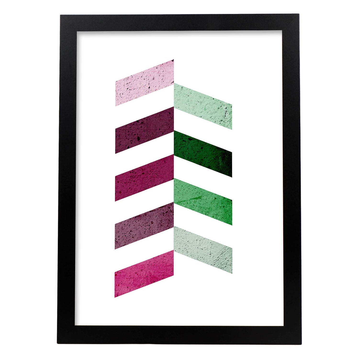 Poster con dibujo de geometria colorida. lamina lilas verdes vertical, ilustrada con con formas y figuras llenas de color. marco madera clara - a3