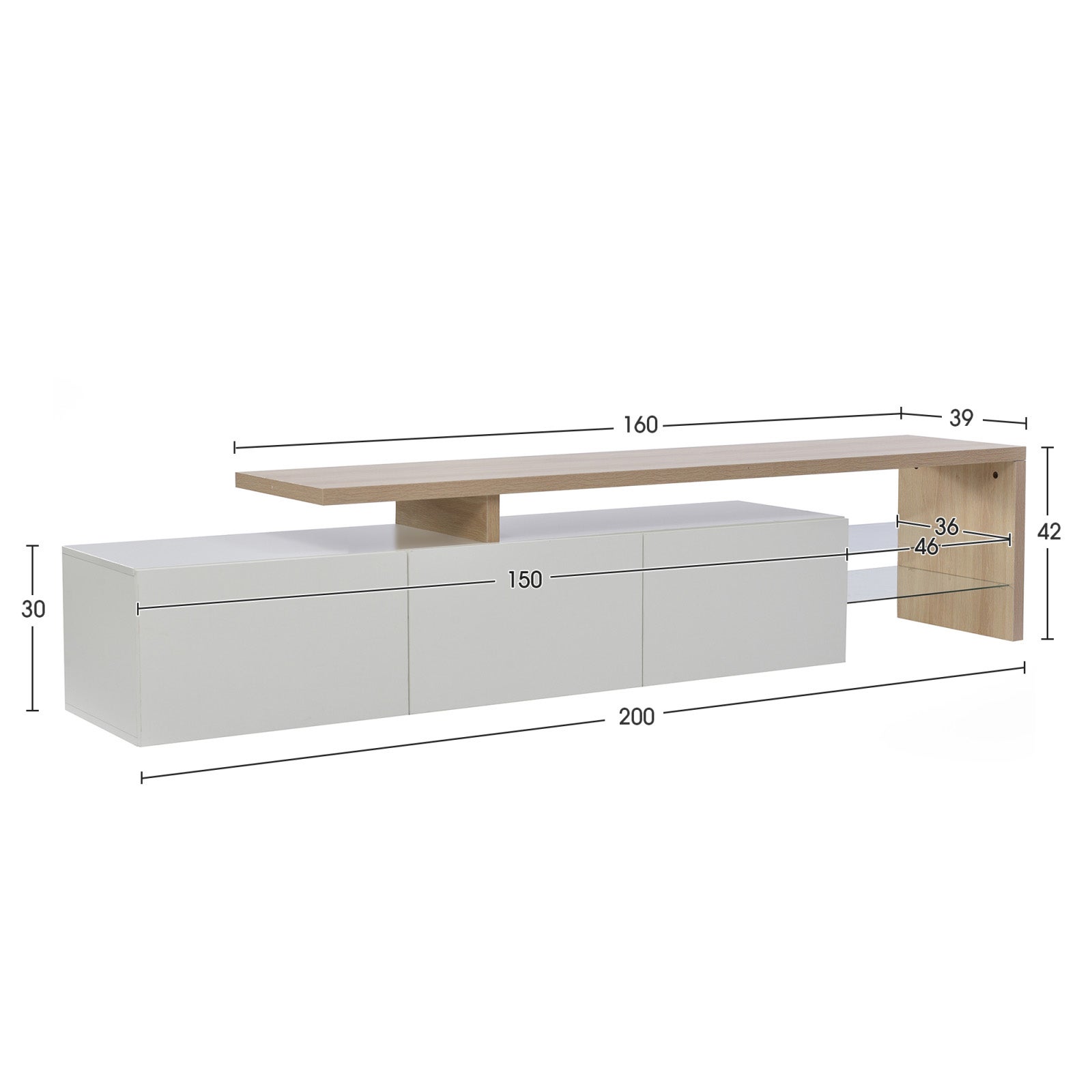 Meuble TV Moderne avec lumières LED Variables, 3 Portes et étagères en Verre – Blanc - 3