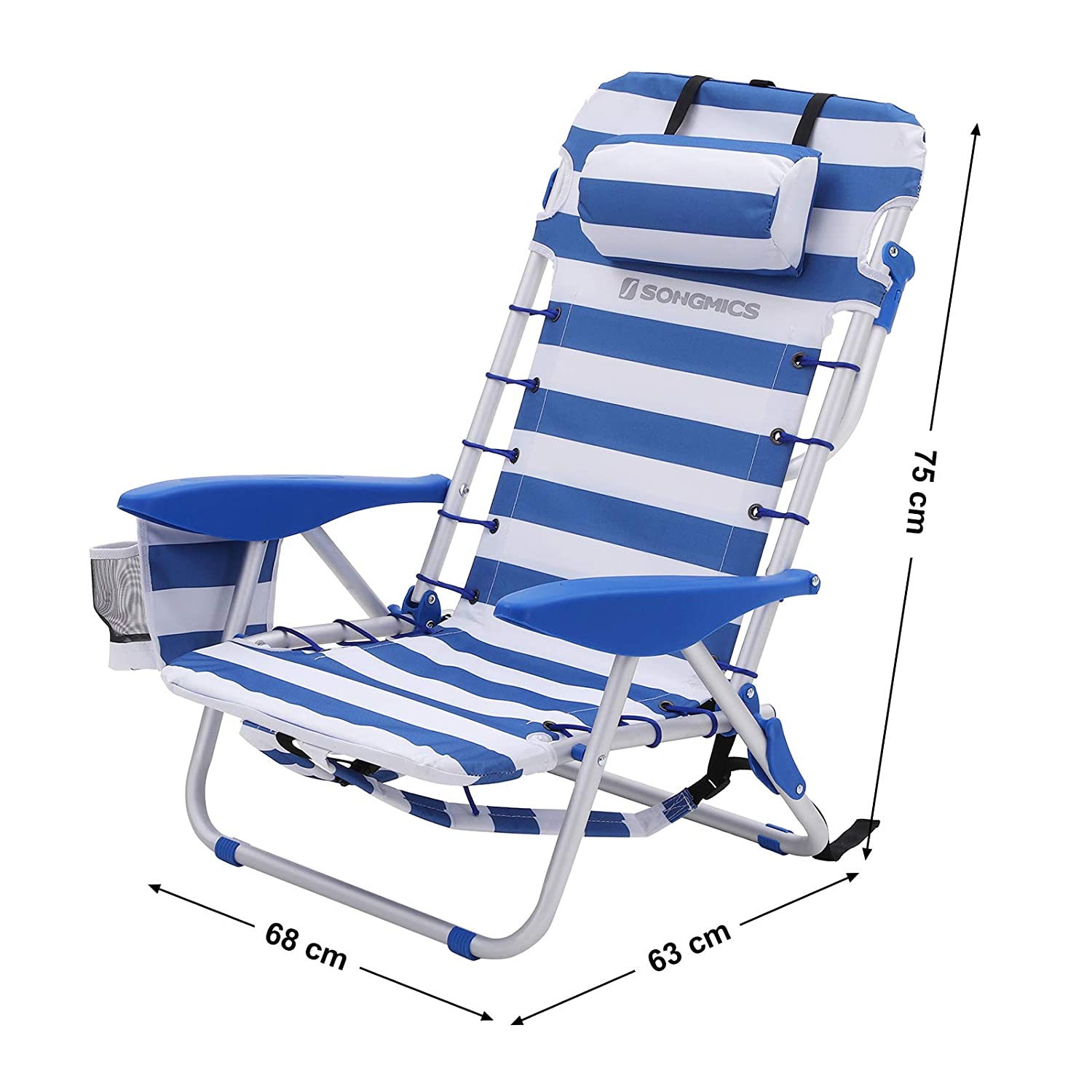 Chaise de Plage Portable,Pliable, Dossier Inclinable jusqu'à 180°, Rayures Bleu et Blanches - 5
