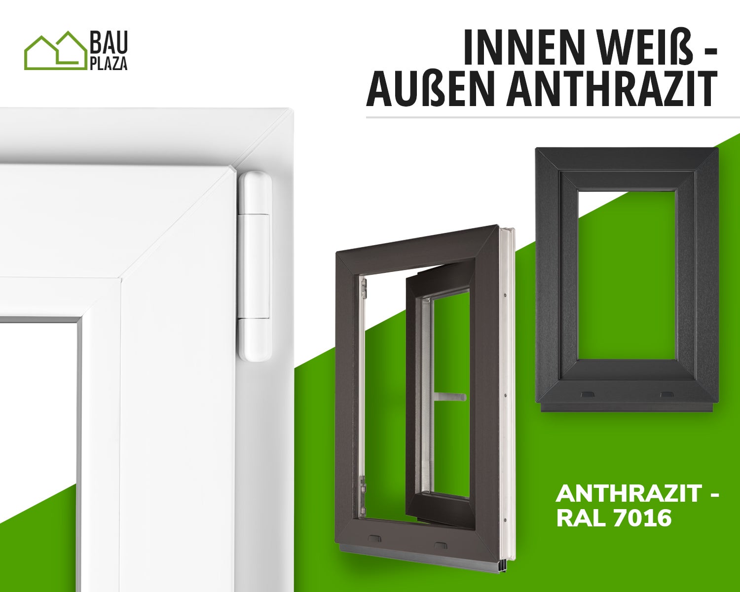 Janela PVC BauPlaza 55 x 115 cm (Largura x Altura) Oscilobatente Abertura Direita – Antracite Exterior / Branco Interior – Vidro Duplo - 2