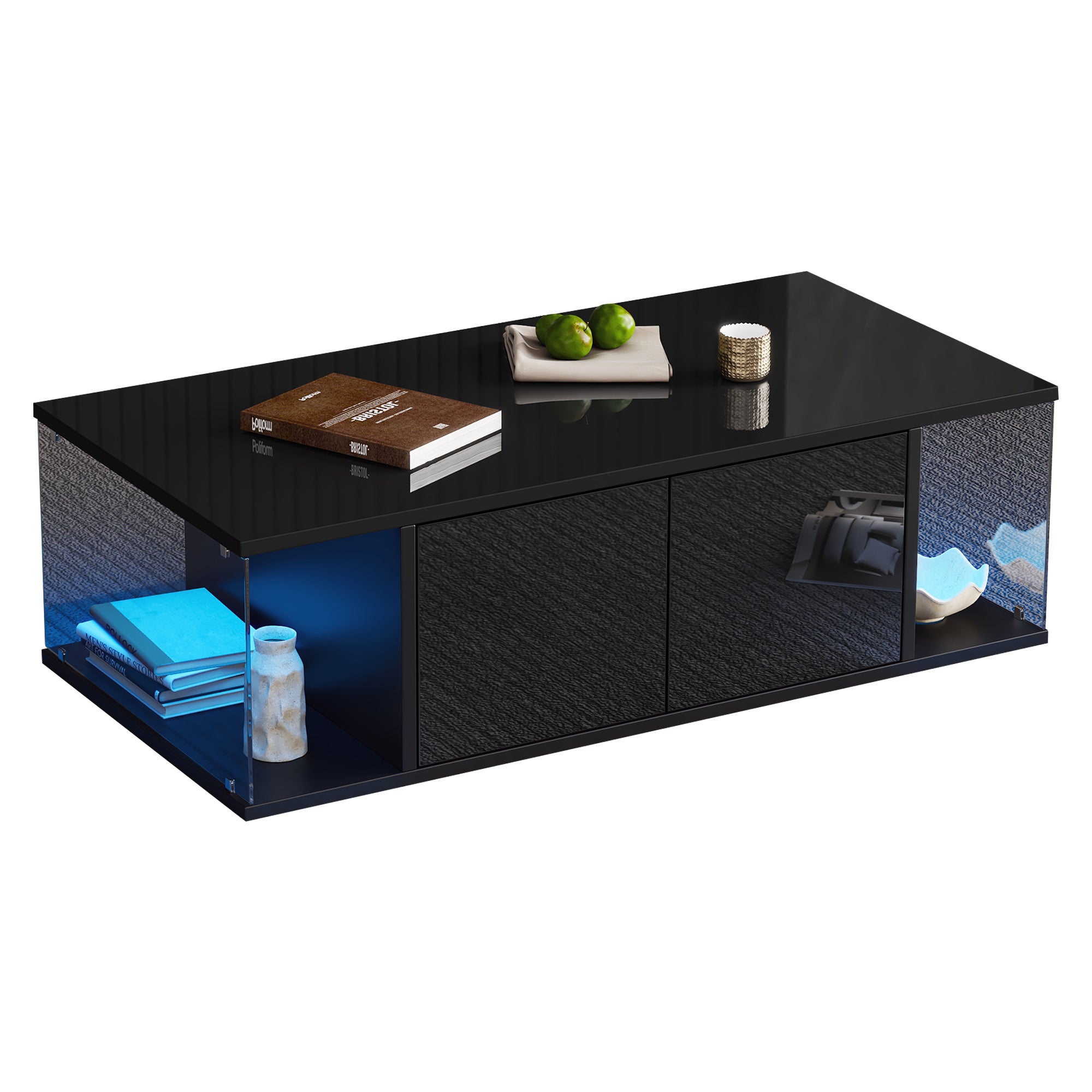 Tavolino ad alto lucido 100×50×30 cm - con illuminazione LED - 2 ante - nero - 6