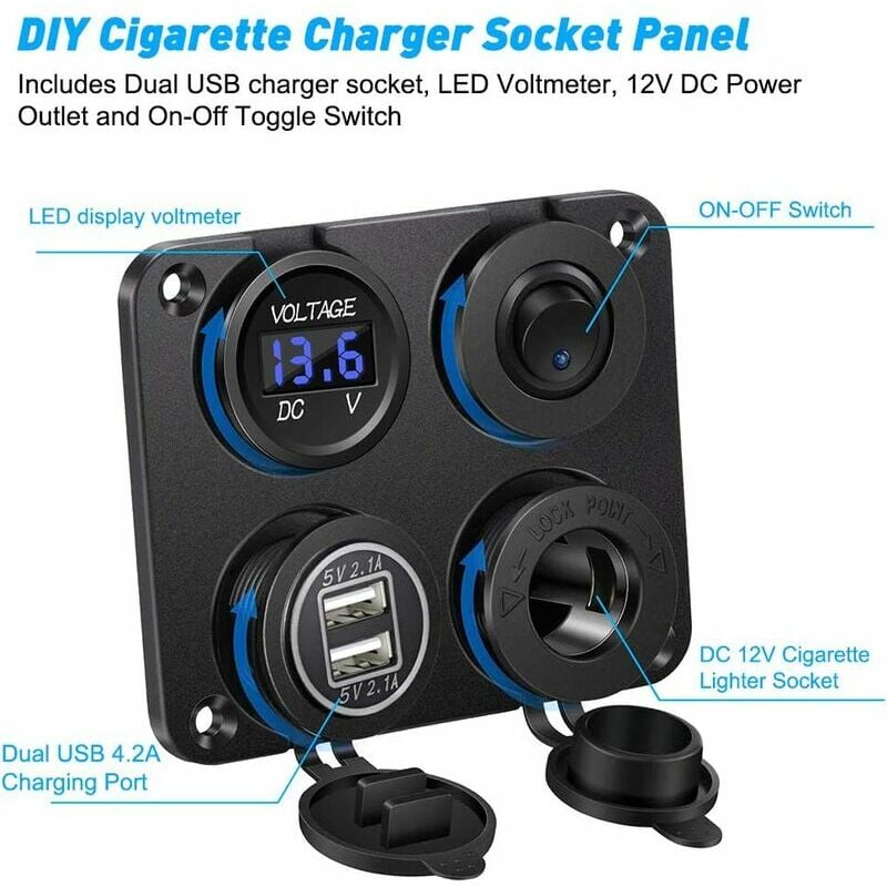 Prise allume-cigare, 4,2 A double ports USB, prise DC 12 V, interrupteur et affichage LED voltmètre étanche chargeur de voiture prise d'alimentation - 2