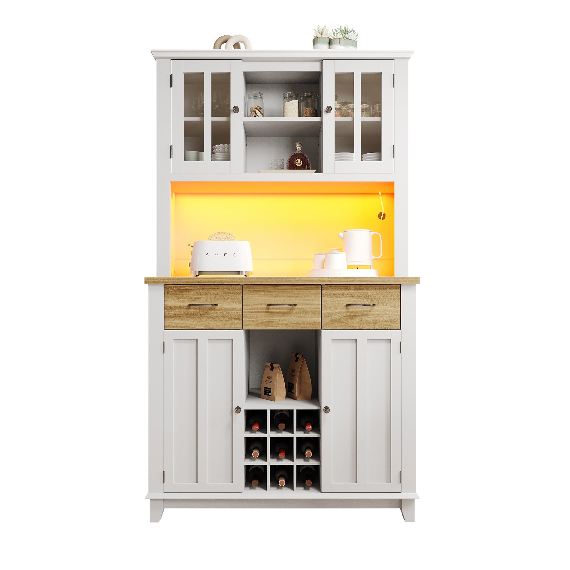 Kredens kuchenny z 4 drzwiami i 3 szufladami - 106 x 40 x 179,5 cm - Płyta MDF - Diody LED - Regulowane półki - Biały - 8