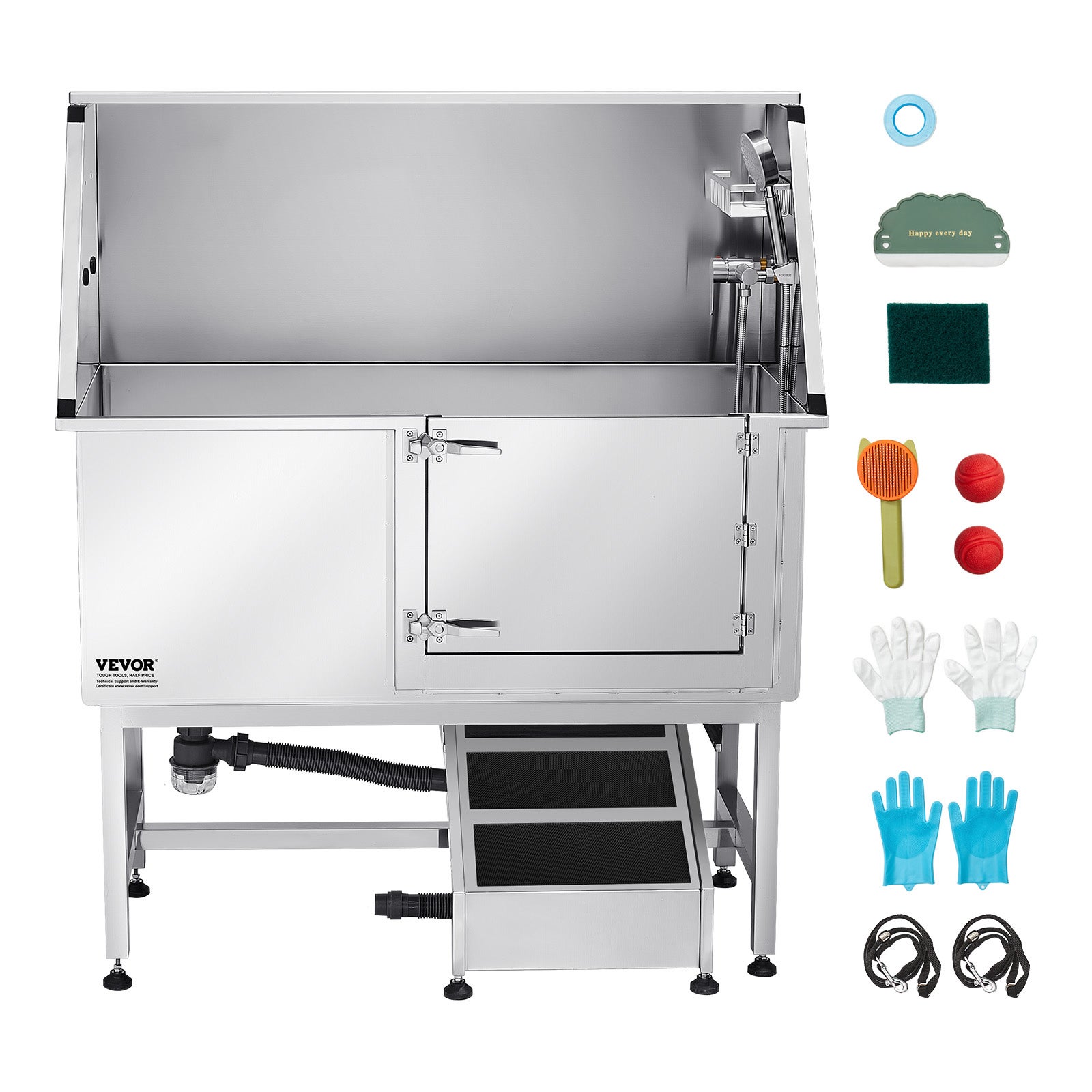 Banho para cães de aço inoxidável VEVOR, para animais de estimação Estação de lavagem para gatos de 127 cm, com corrimão, painel de filtro de água - 9