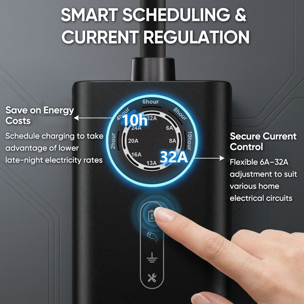 Carregador portátil para veículos elétricos JUNSUN 7kW – 32A monofásico, cabo 8m Tipo 2, IP67, corrente ajustável 6-32A, carregamento programável - 4
