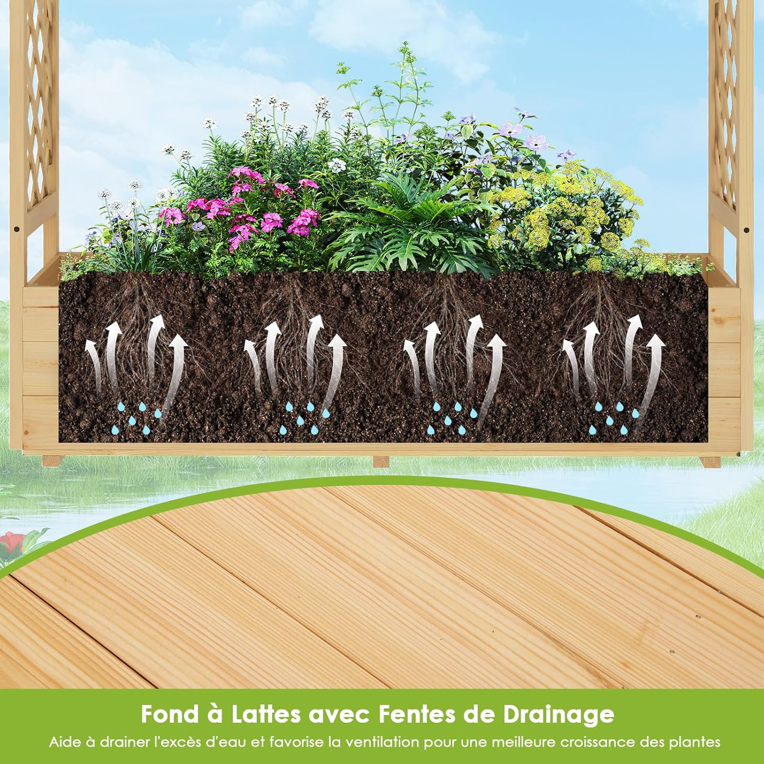 Jardinière avec 2 Treillis Latéraux Toit Suspendu en Bois Massif avec Trou de Drainage, Lit de Jardin Surélevé, 148,5 x 50 x 103,5 cm, Naturel - 3
