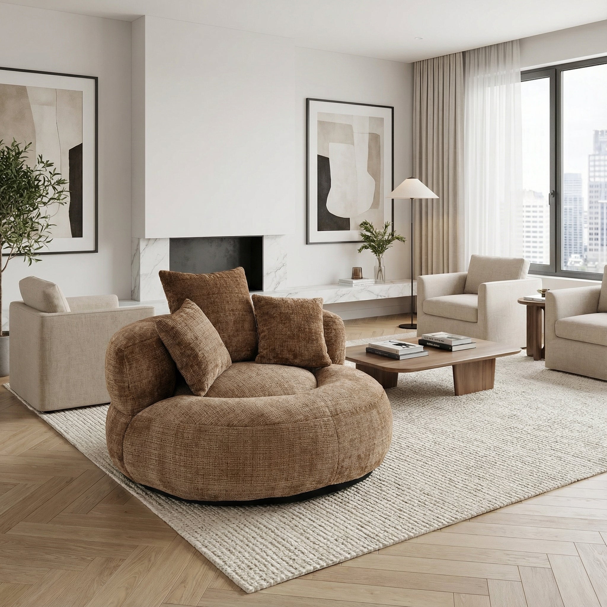 URBAN MEUBLE Pouf fauteuil rond beige en tissu chenille, bean bag confortable avec coussins pour salon et chambre - 4