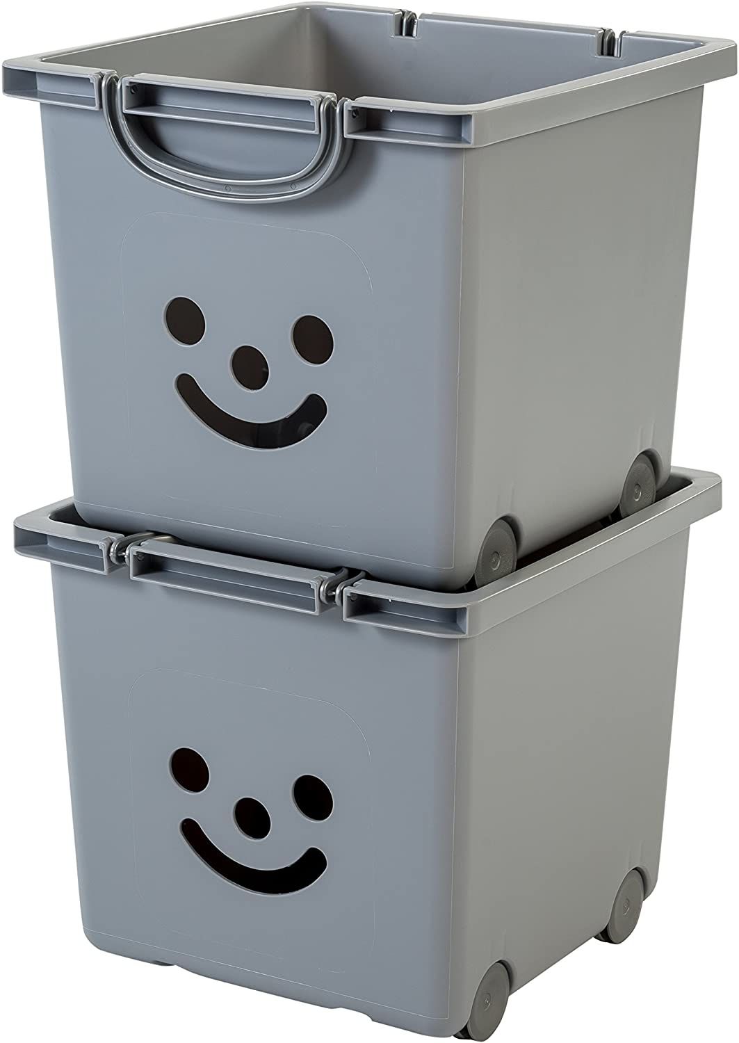 Iris Ohyama, Set - 2 Grandes Boîtes De Rangement Pour Jouet Sur Roulette - Smiley Kids Boxes - KCB-32, Gris, 25 L, 32 X 33 X 29 Cm | Leroy Merlin