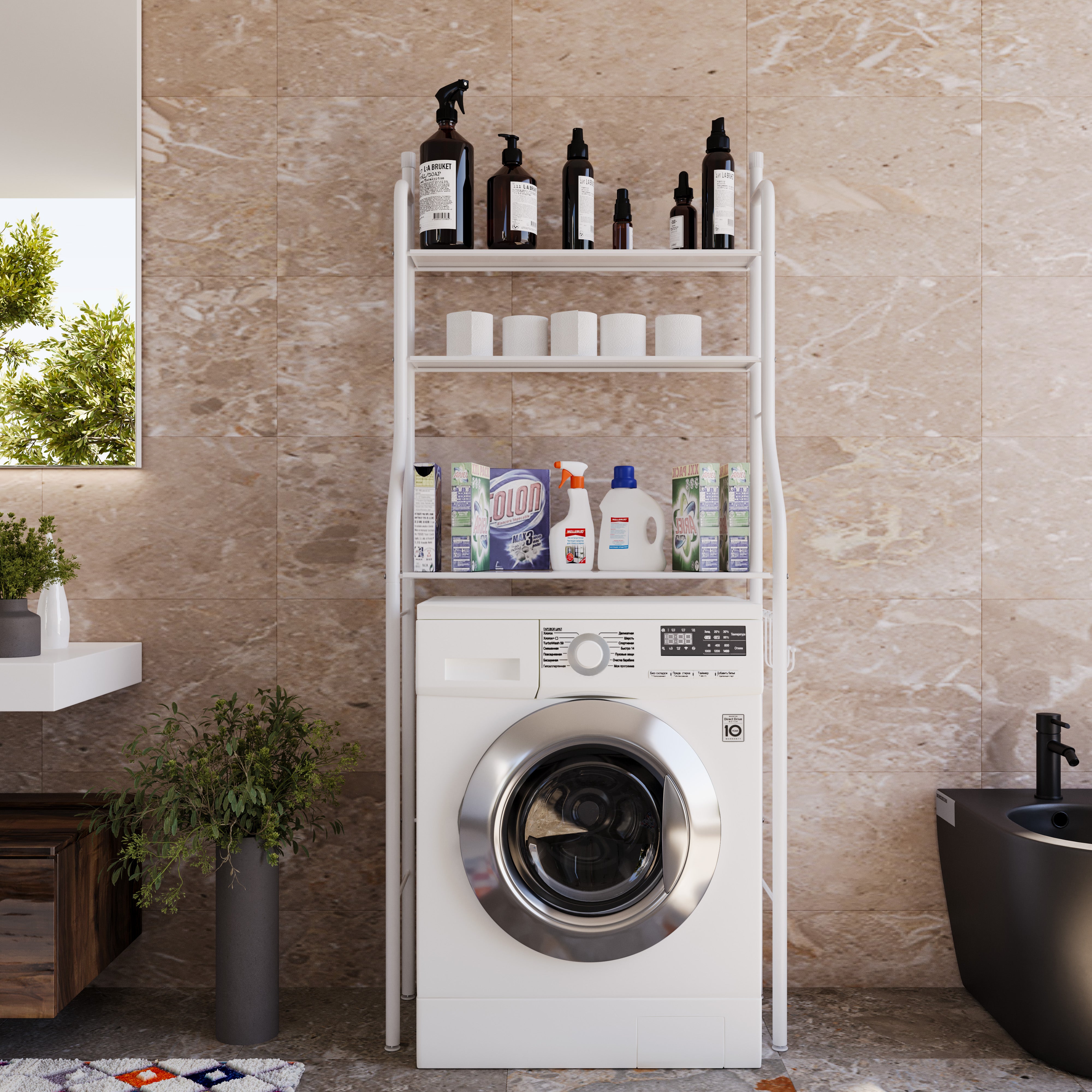 Scaffale Bagno 3 Mensole Ripiano Superiore Mobile Sopra Lavatrice Lavanderia Ripiani Per Appoggio Organizer Da Parete In Metallo 152x65x25 Cm Bianco - 2