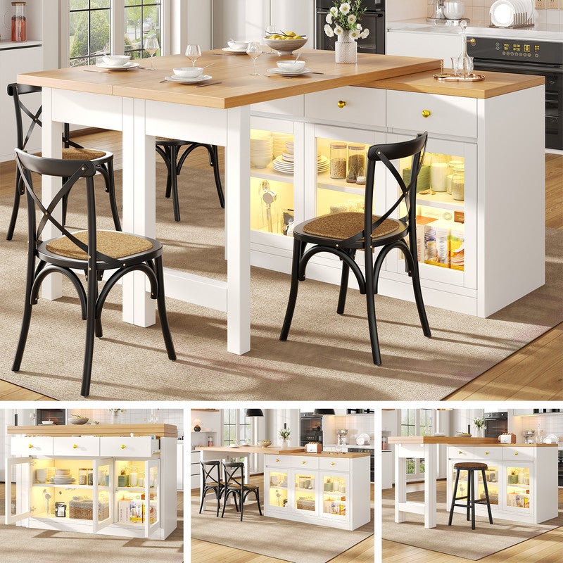Îlot de cuisine moderne avec éclairage LED,Îlot de bar rétractable avec 3 tiroirs et portes vitrées,Chariot de cuisine multifonctionnel, Blanc - 9