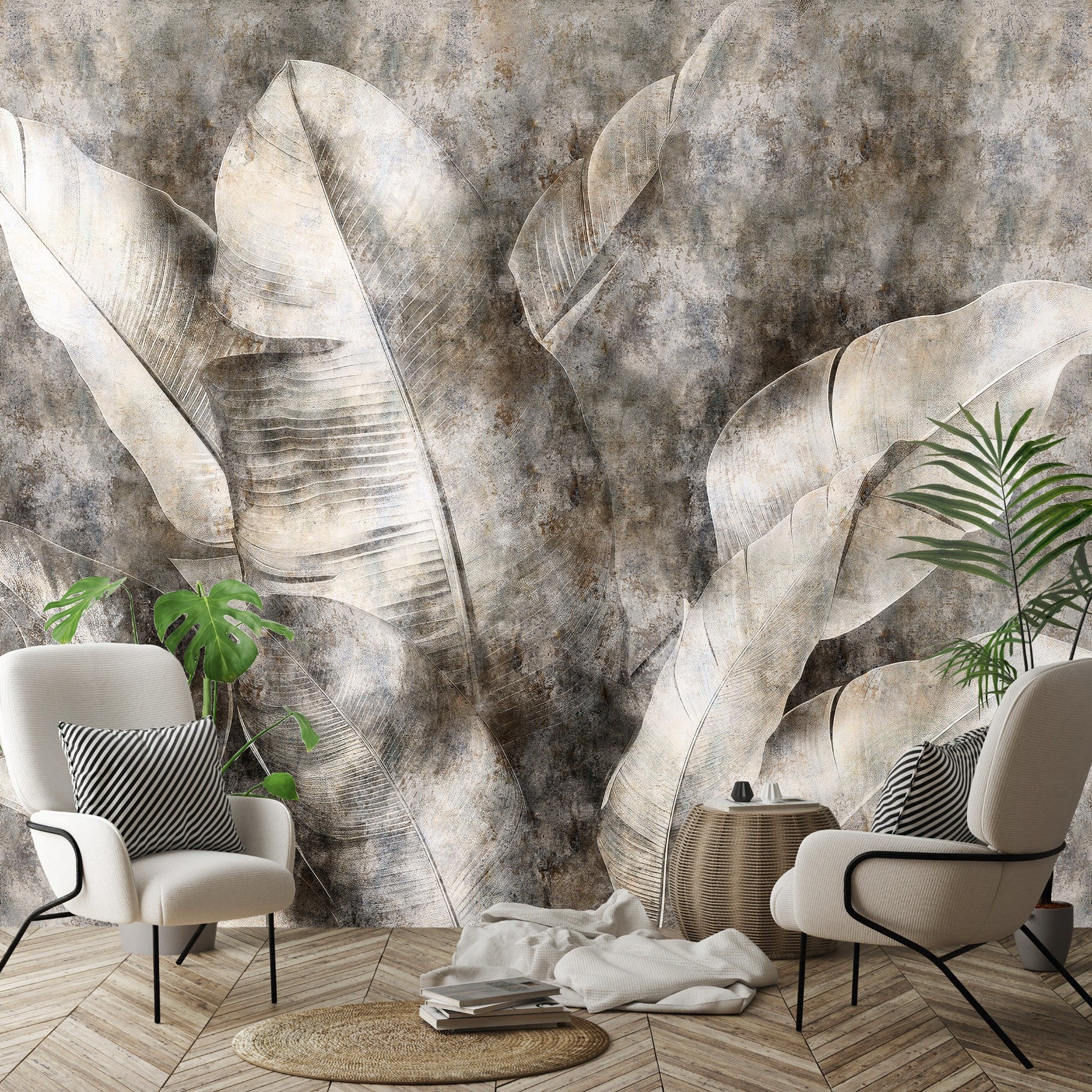 Fotomural WALLARENA Hormigón Gris Con Hojas – Pared De Cemento Natural Sin Obras (XXL + Pegamento)