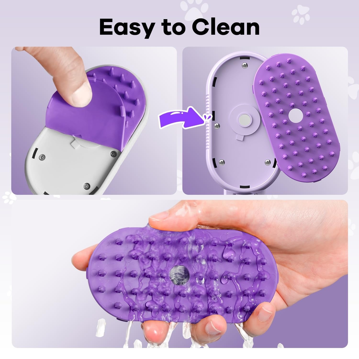 Escova a vapor roxa para pets｜Escova 4-em-1 para gatos e cães, recarregável USB, remove pelos, antistática, massagem e limpeza - 4