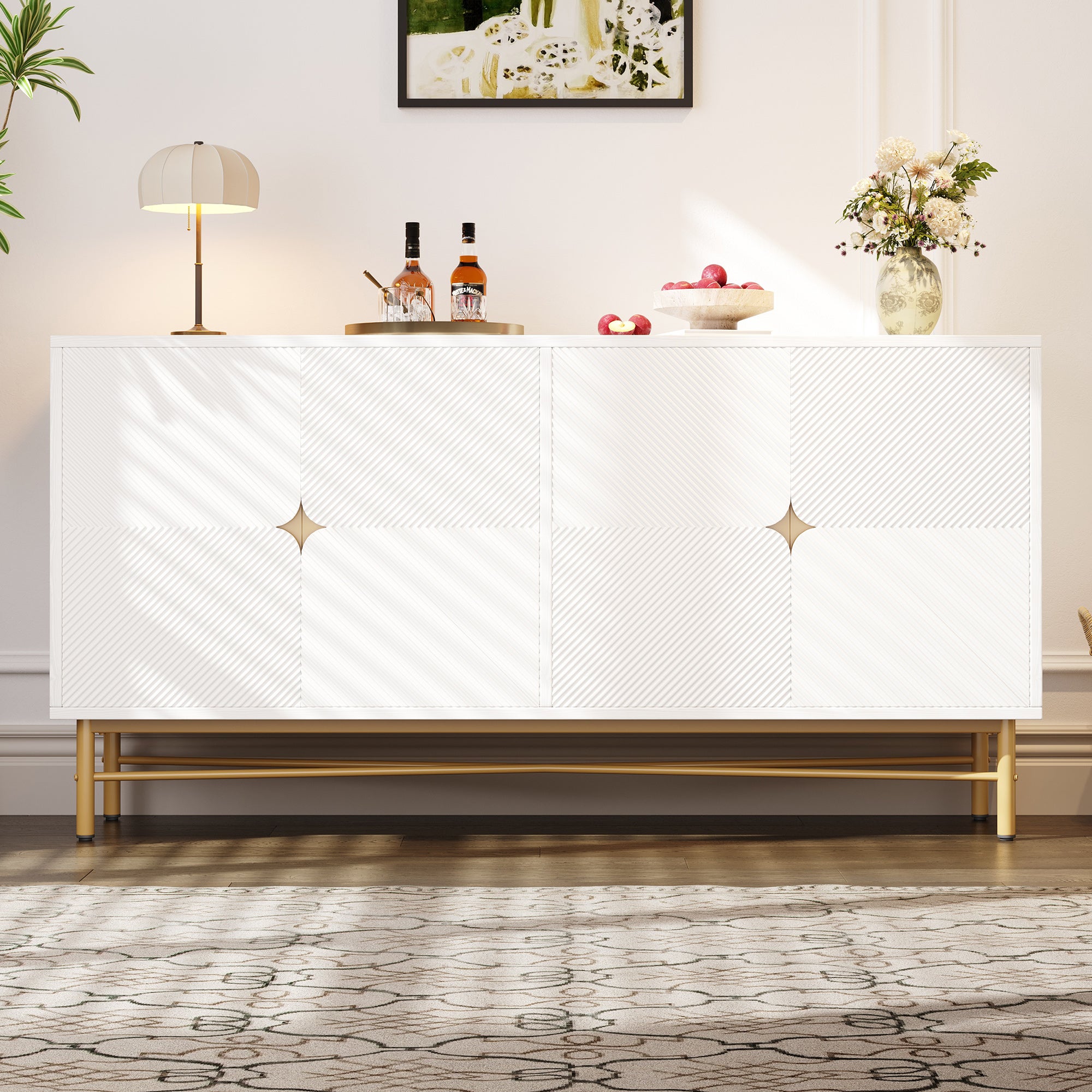 Komoda z 4 drzwiami - 160 x 40 x 82 cm - Płyta wiórowa i nogi metalowe w kolorze złotym - Biała