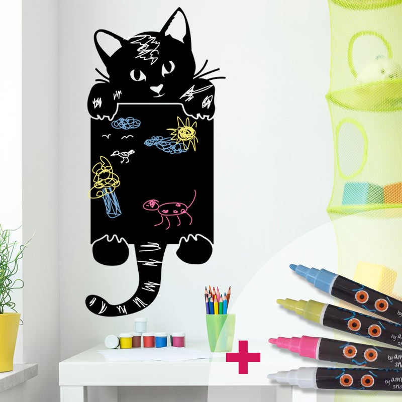Adesivo lavagna gatto cuculo + 4 gessi liquidi - Sticker adesivo - adesivi murali - 75x35cm - 4