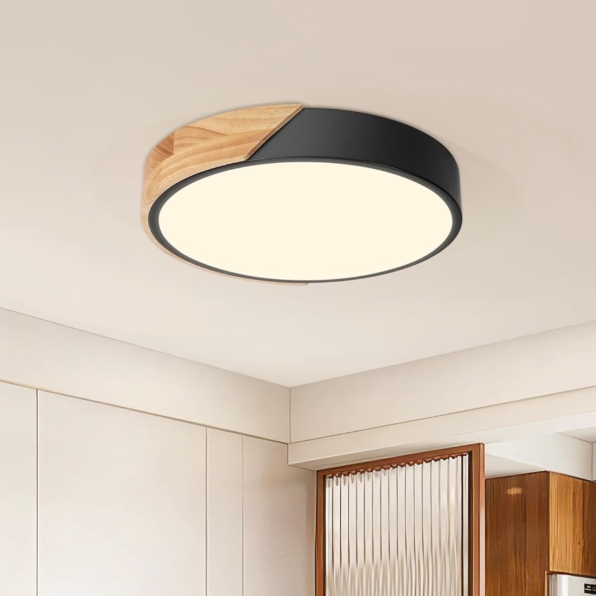 Lampă de tavan, lumină LED rotundă, 31 x 5 cm, lumină caldă și fără pâlpâire de 3000 K, ultra-subțire de 5 cm și furnir de stejar, instalare ușoară