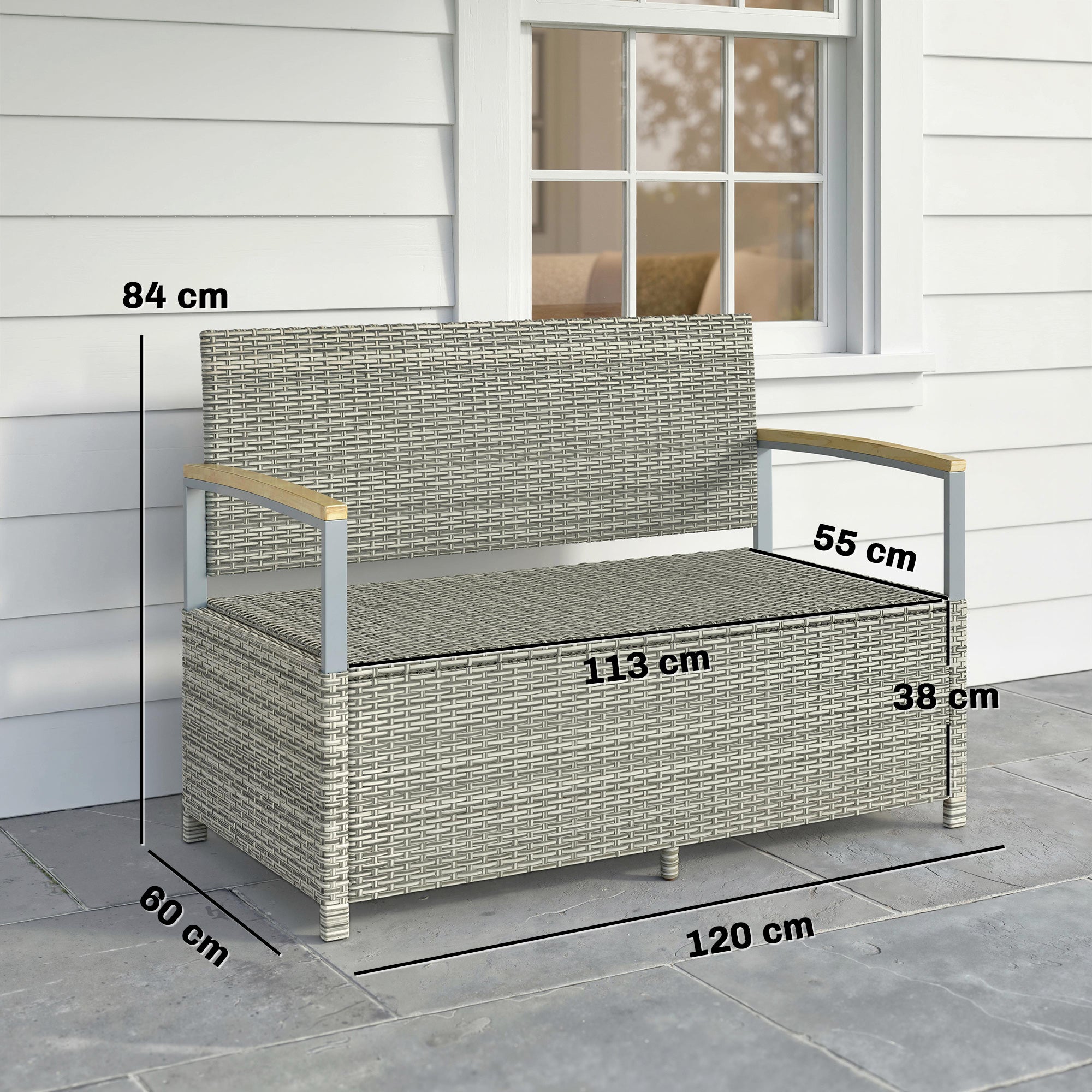 Banc de Jardin Banquette avec Coffre de Rangement 170L 2 Places Coussin Déhoussable Résine Tressée 120x60x84cm Gris - 5