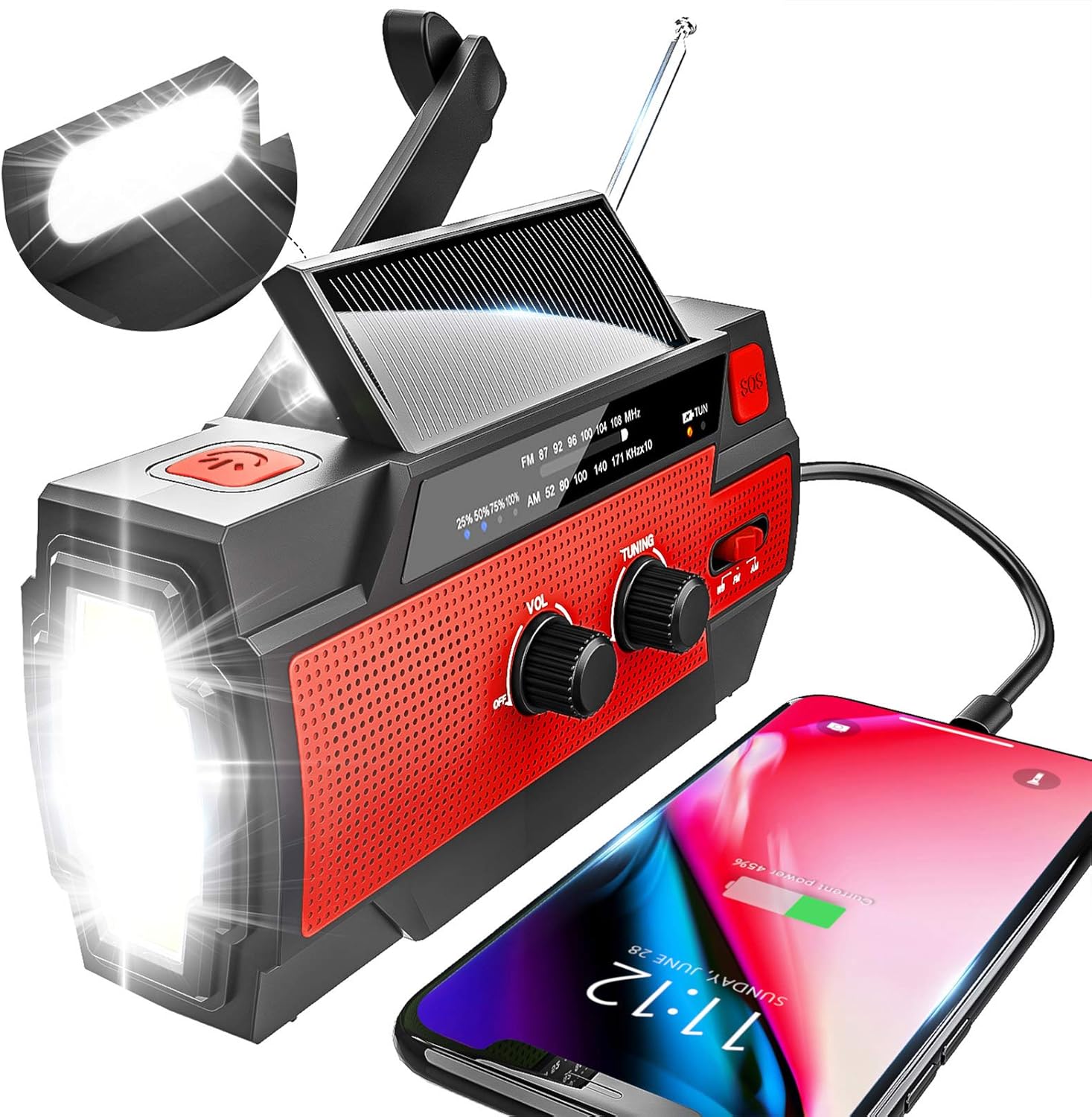 Przenośne radio AM/FM na energię słoneczną z akumulatorem 4000 mAh i czerwoną latarką LED