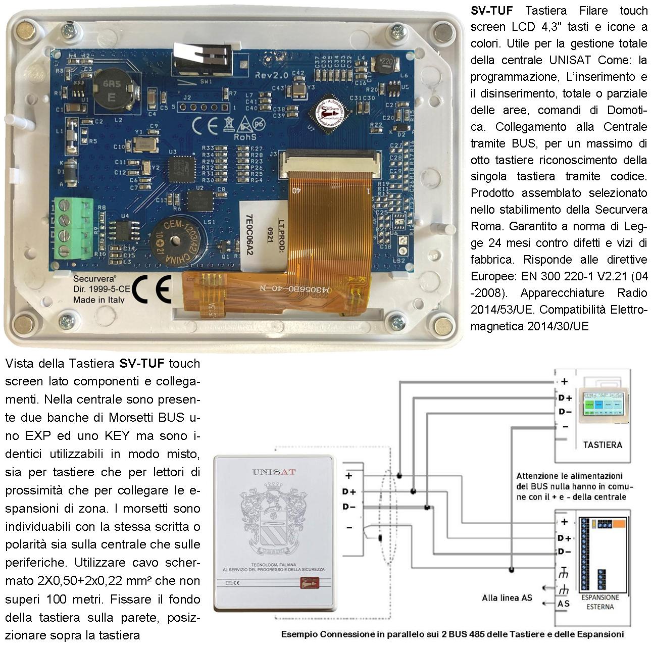 Tastiera Touch Screen Schermo LCD 4,3 Pollici Icone a Colori Aggiuntiva Della Centrale Unisat 2 Max 8 Collegamento Sul BUS Fissaggio a Parete Visione - 2