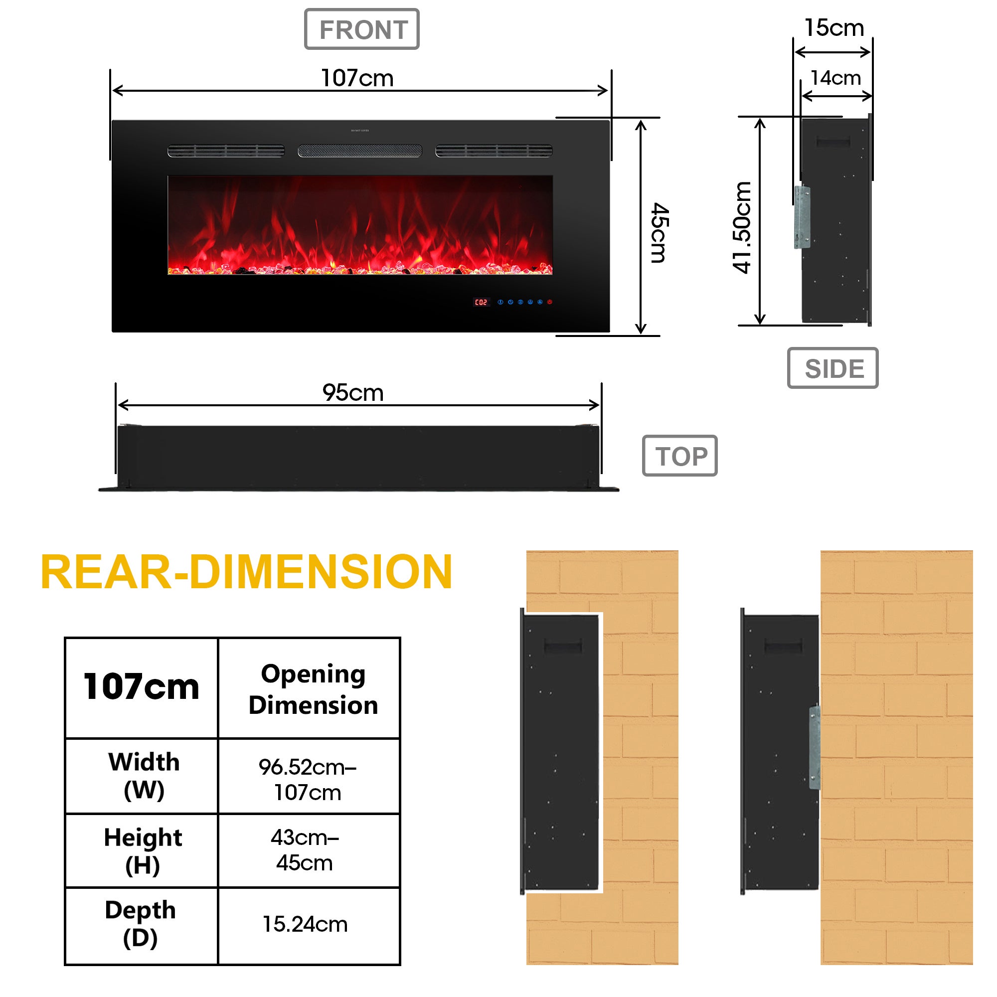 Parrot Uncle Chimenea Eléctrica Multifunción - 169 Efectos Llama, 13 Colores, 2 Niveles Calor 750W/1500W, Temporizador, Empotrada o Pared - 5