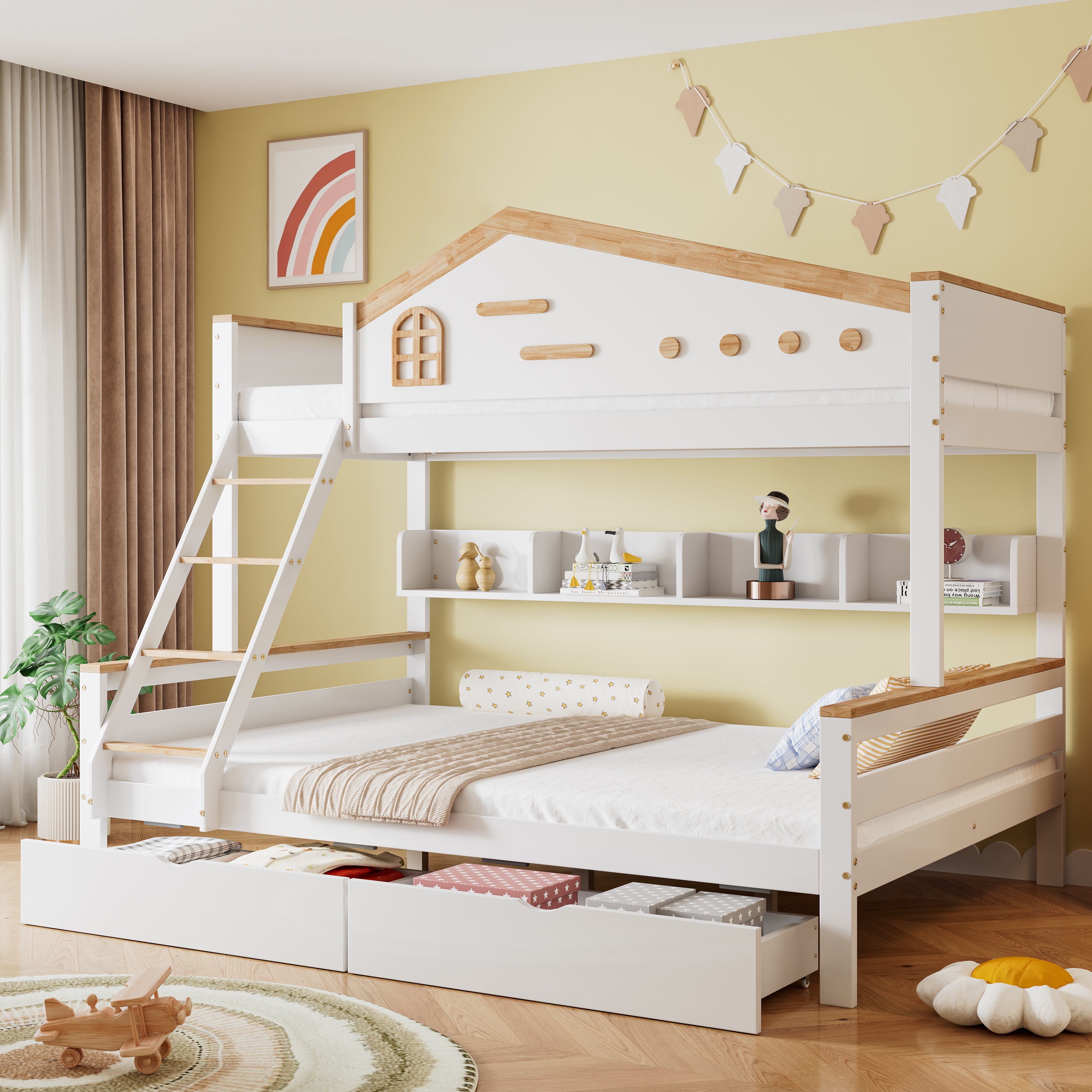 Łóżka piętrowe 90 x 200 cm + 140 x 200 cm z 2 szufladami i półką - Sosna i MDF - Białe i naturalne (Materace nie są wliczone w cenę)