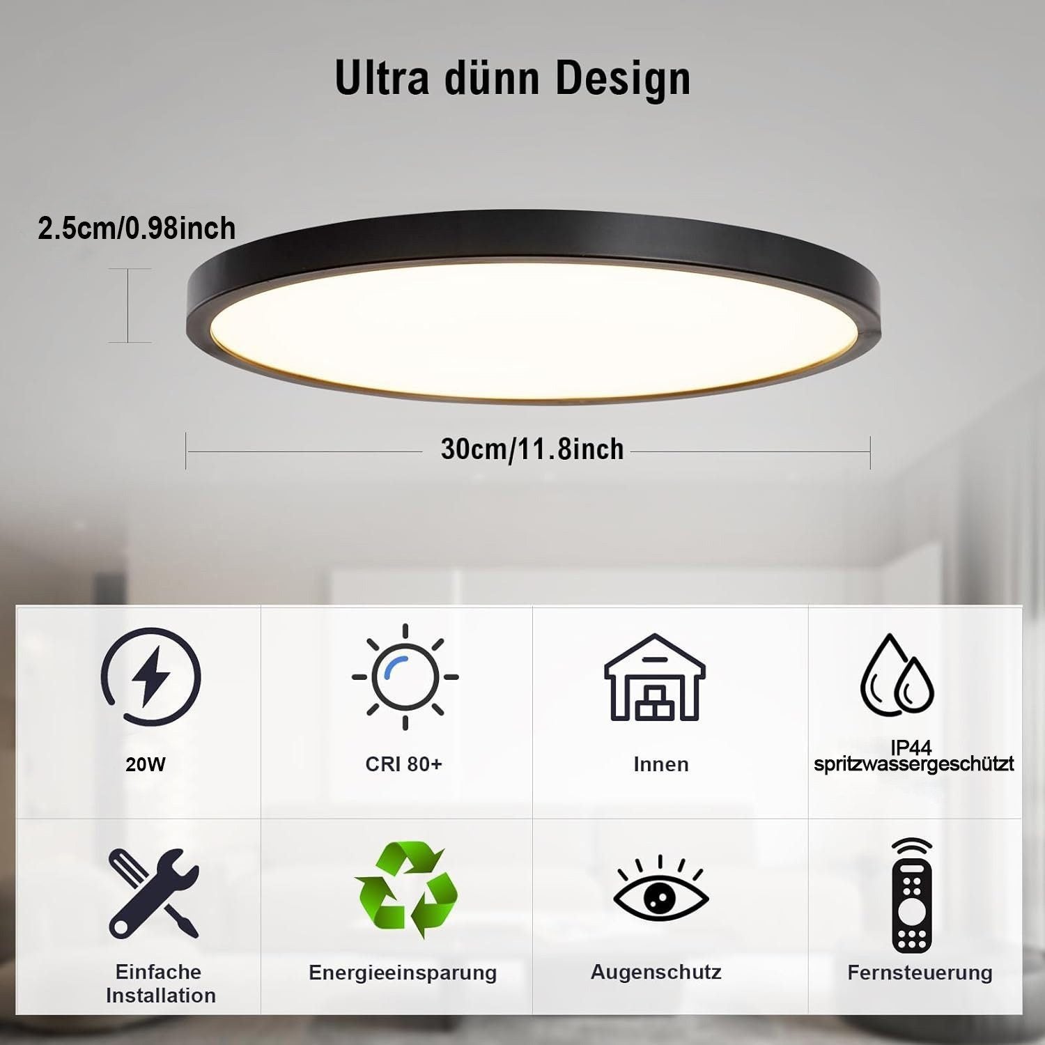 NETTLIFE Lámpara de Techo LED Regulable 30cm Lámpara de Baño 20W Baño Redondo Negro Plano con Control Remoto IP44 Impermeable para Dormitorio Baño - 3