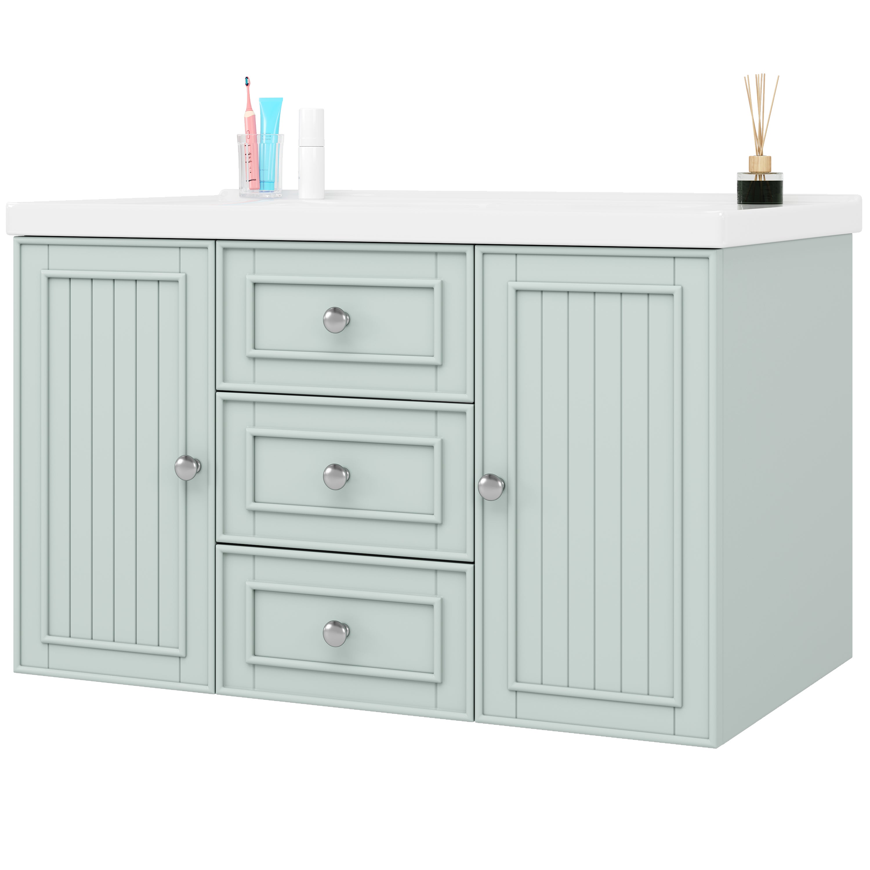Meuble sous-vasque, meuble de salle de bain, meuble vasque avec 3 tiroirs, grand espace de rangement, meuble vasque mural, vert, 78,5 × 46 × 46,8 cm - 7