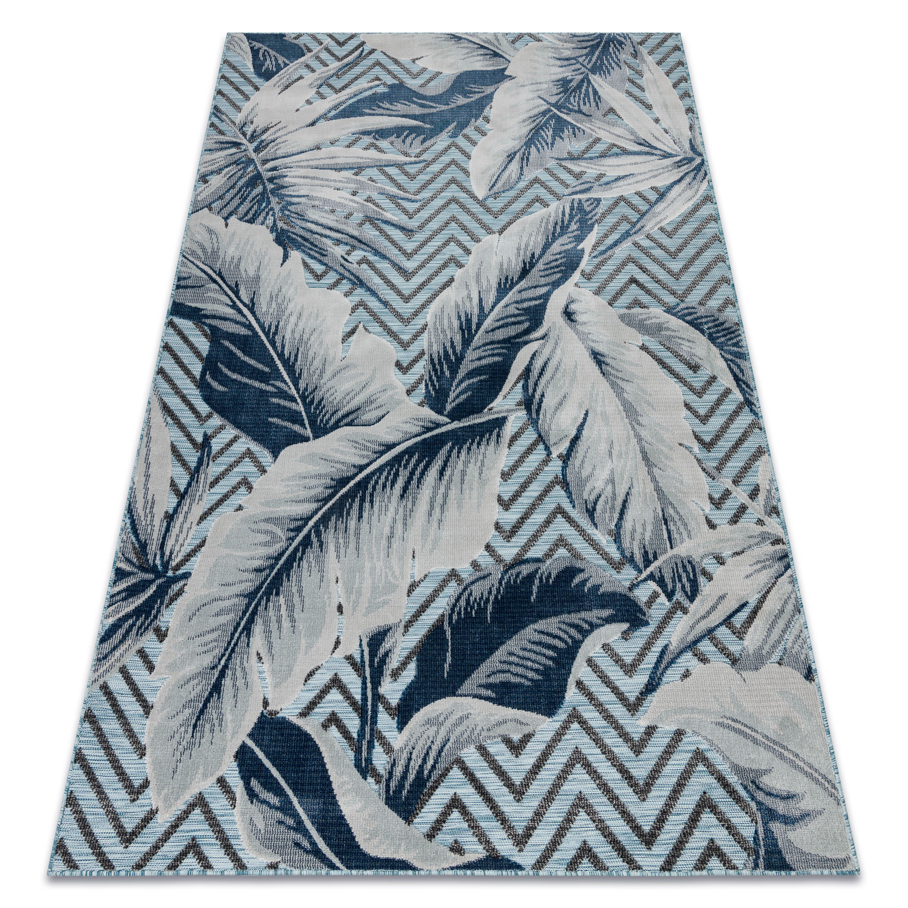 Alfombra estructural botanic 65242 plumas, zigzag, tejido plano en el balcón, terraza - turquesa 176x270 cm