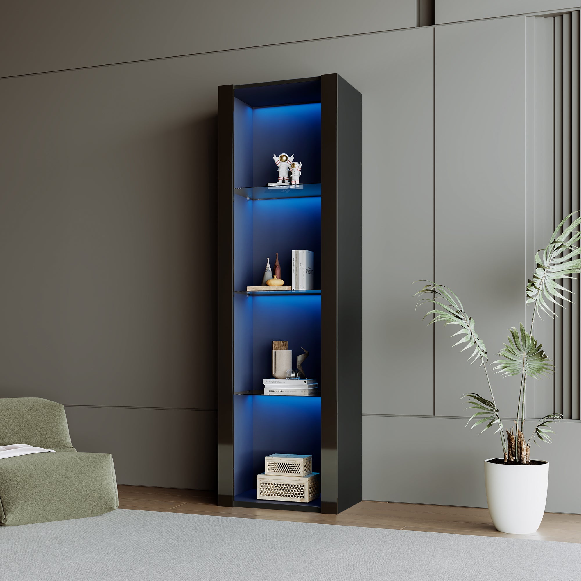 Vitrina L 166 cm con LED - 3 estantes de cristal - Negro - 3