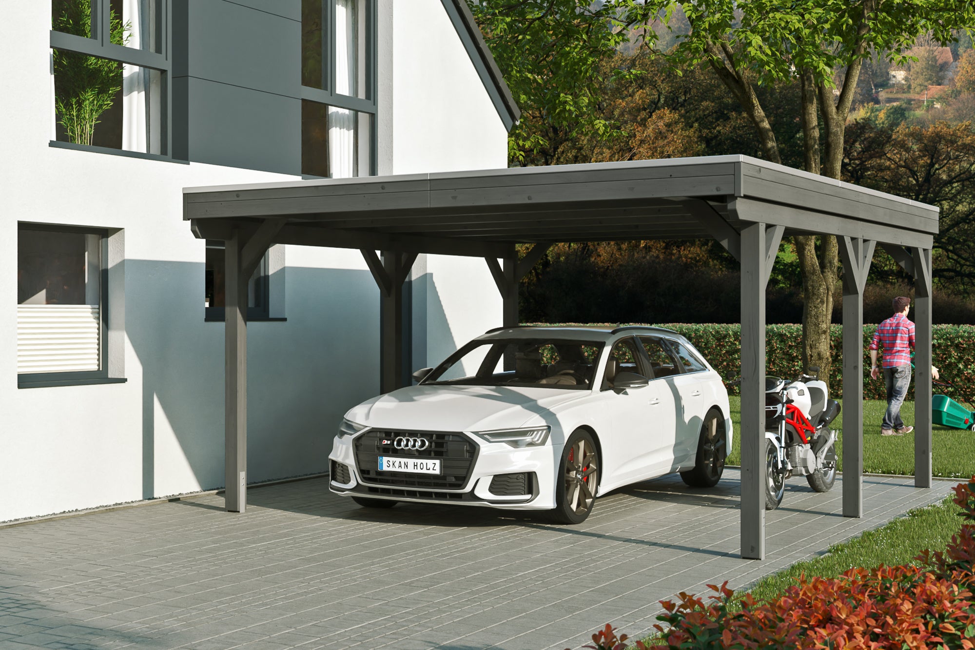 Carport bois SKAN HOLZ Grunewald 427 x 554 cm avec panneaux de toit en ...