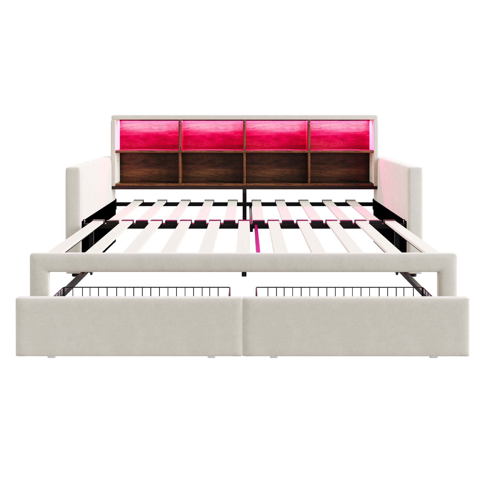Rozkładana sofa z poduszkami 90x190 cm - Oświetlenie LED - z gniazdem ładowania - dwie szuflady - stelaż lamelowy - welur - beżowy - 8