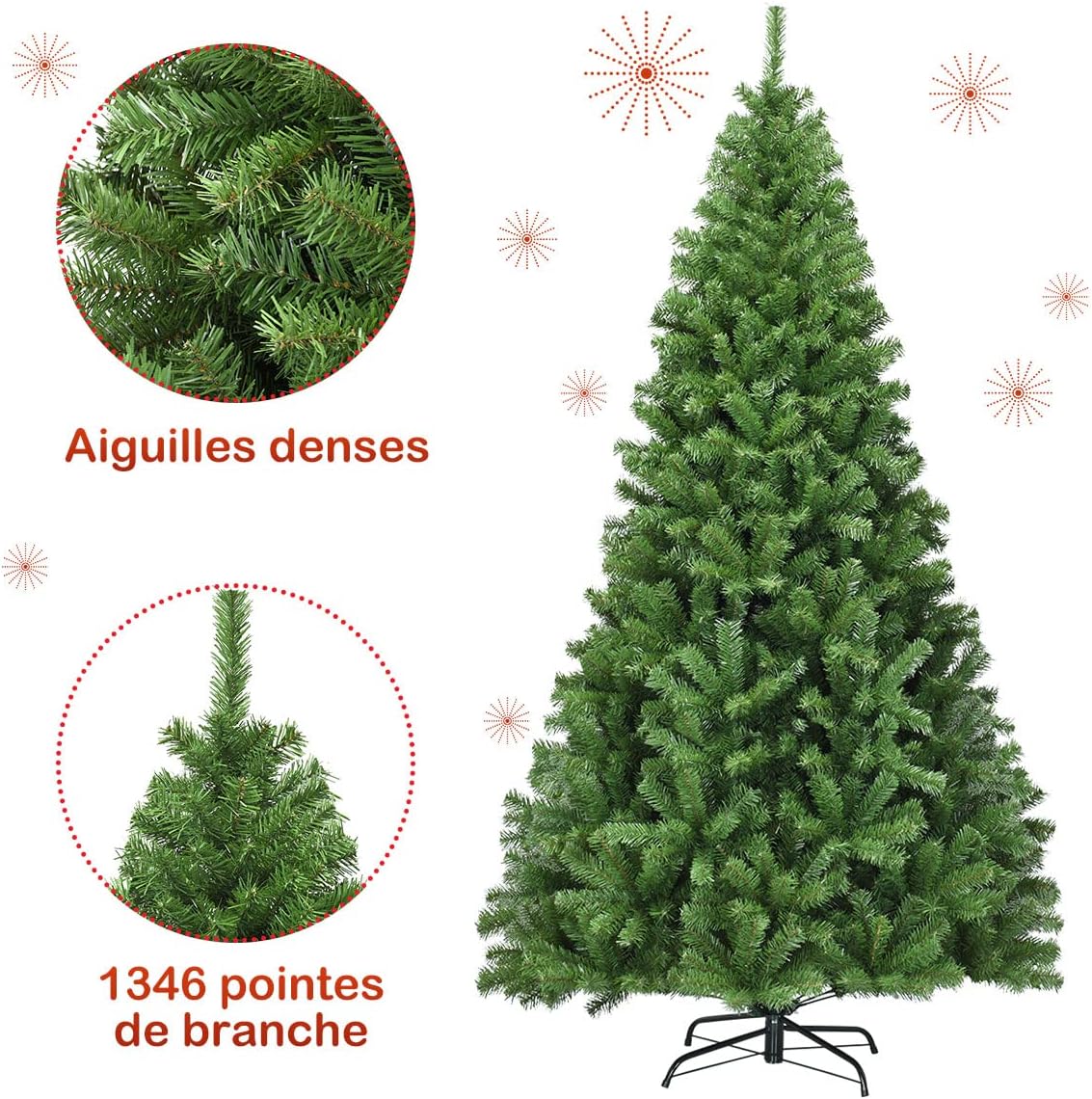 Sztuczna choinka, 225 cm, choinka z systemem składania, 1346 igieł z PCW, sztuczna choinka, Boże Narodzenie, metalowy stojak, zielona - 2