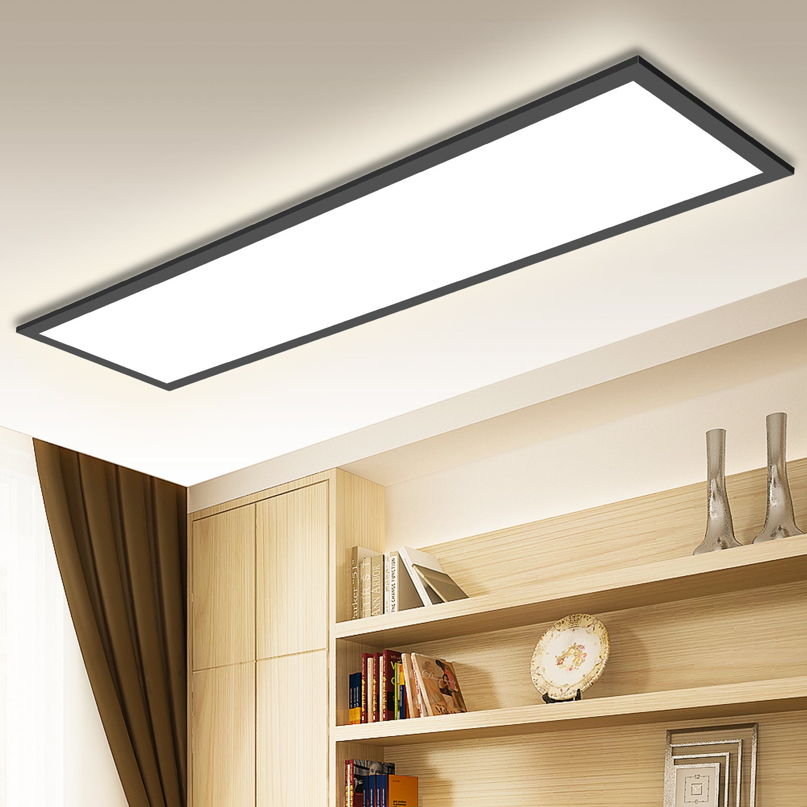 LOVHAUS Lampa Sufitowa LED Z Pilotem 100x25cm, Wewnętrzny Regulowany Panel LED 3000K-6500K, Czarny 110LM/W Panel LED Do Salonu Biura Sypialni