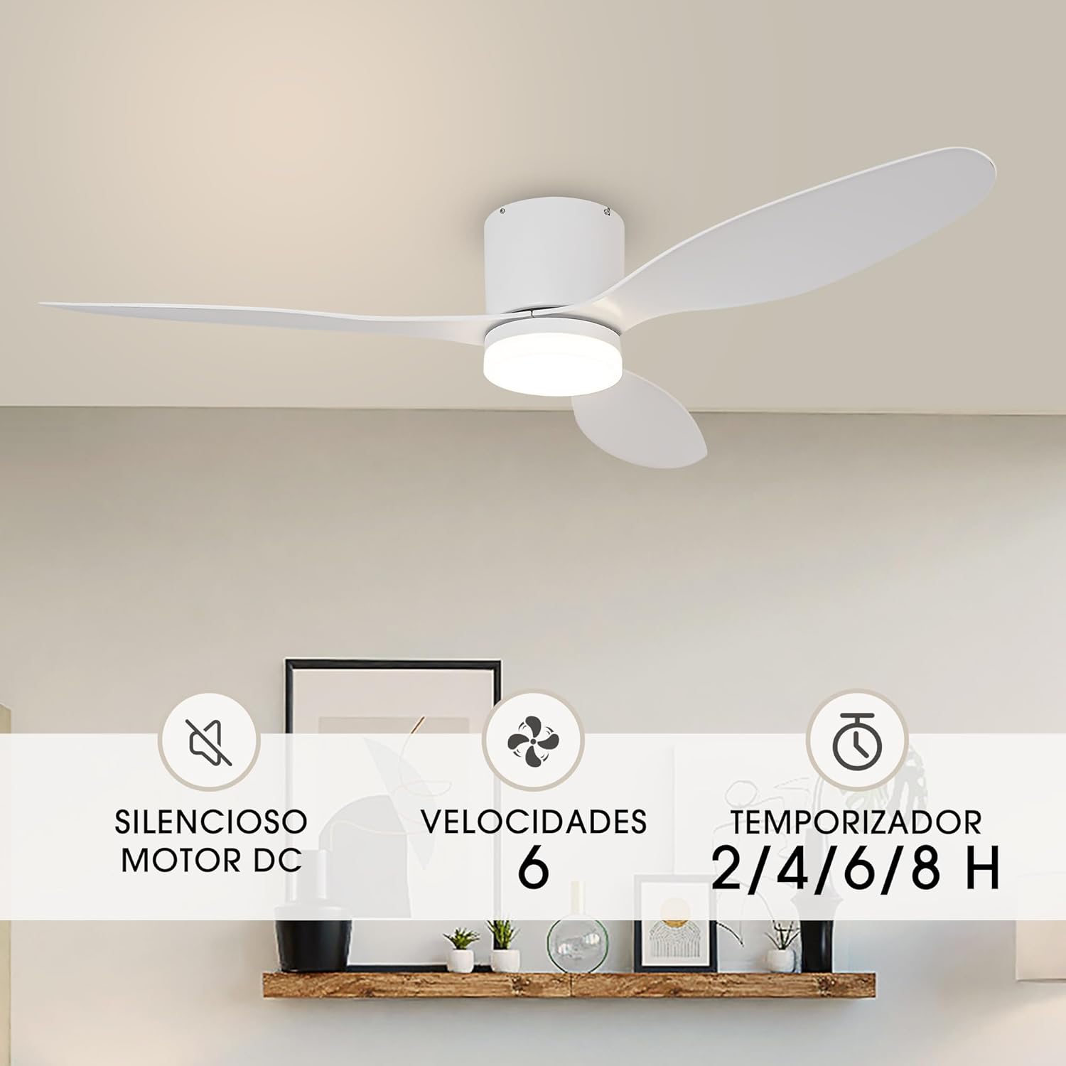 Parrot Uncle Ventilador de Techo ABS con Luz LED 24W, 6 Velocidades, 3 Aspas 132 cm de Diámetro, Función Verano-Invierno, Temporizador, Blanco - 4