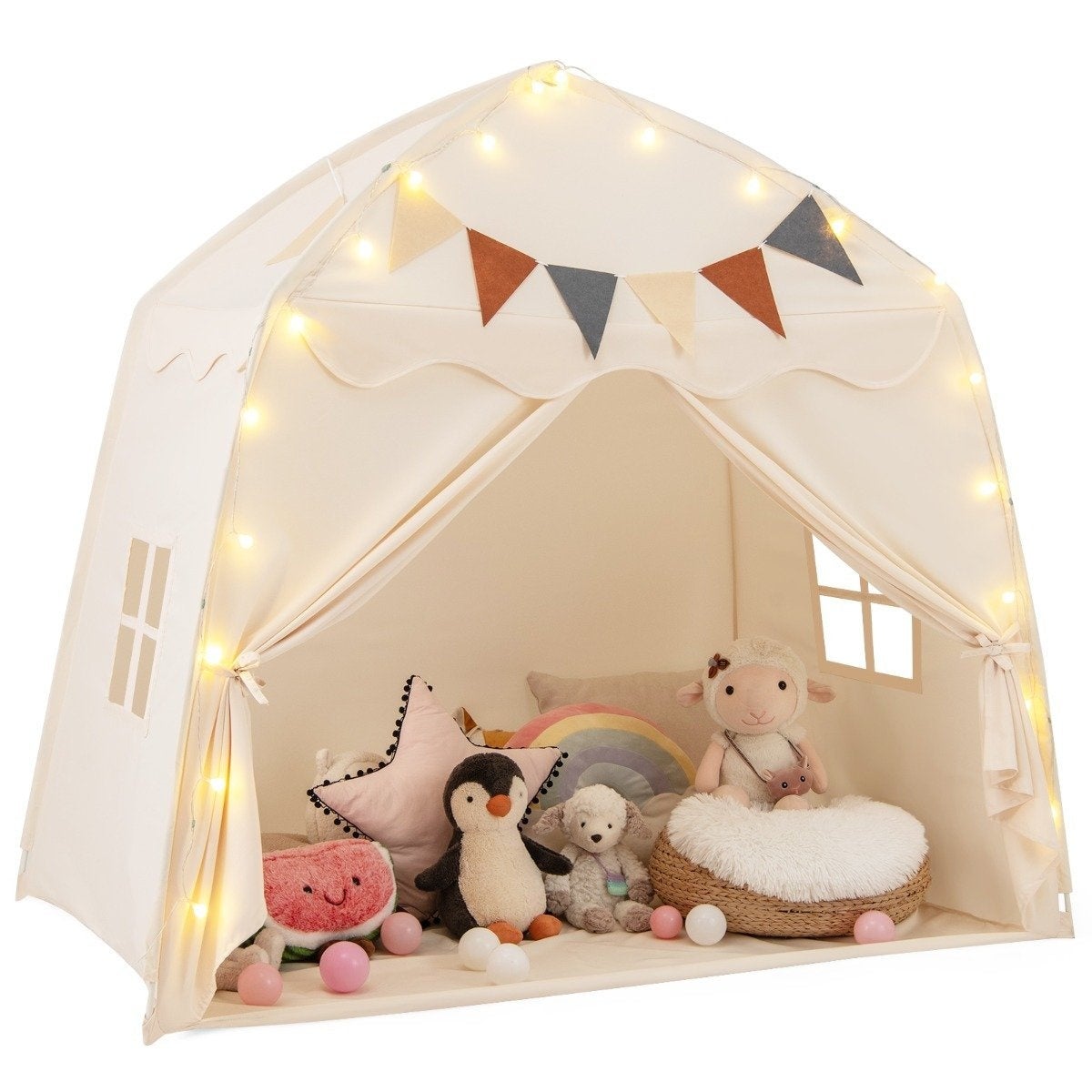 Tente De Jeu XXL Pour Enfants Avec Tapis, Guirlande Lumineuse Et Rideaux – Maison D’Intérieur/Extérieur Pour Filles Et Garçons – Cadeau Parfait Dès 3 Ans