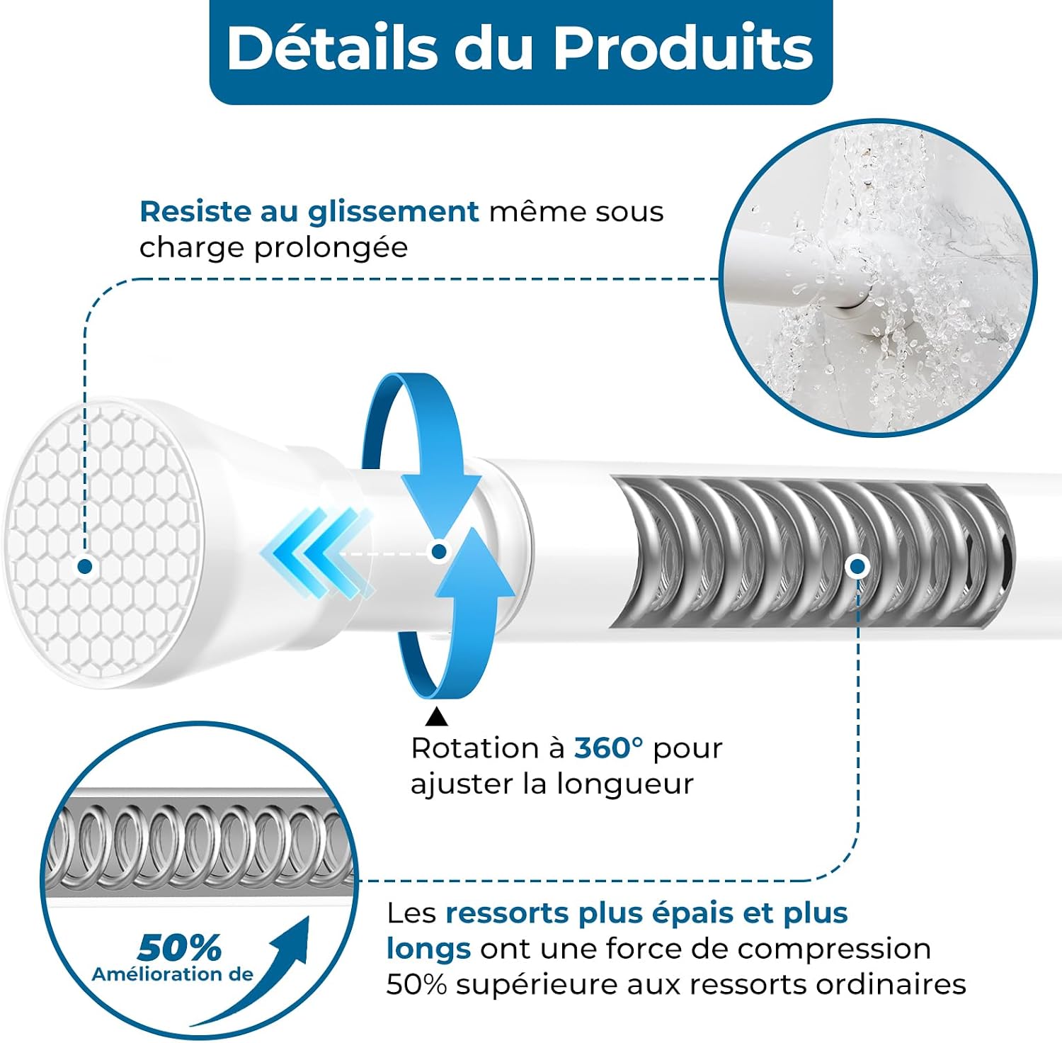 1 ensemble de tringle à rideaux télescopique sans perçage, 50-80 cm ...