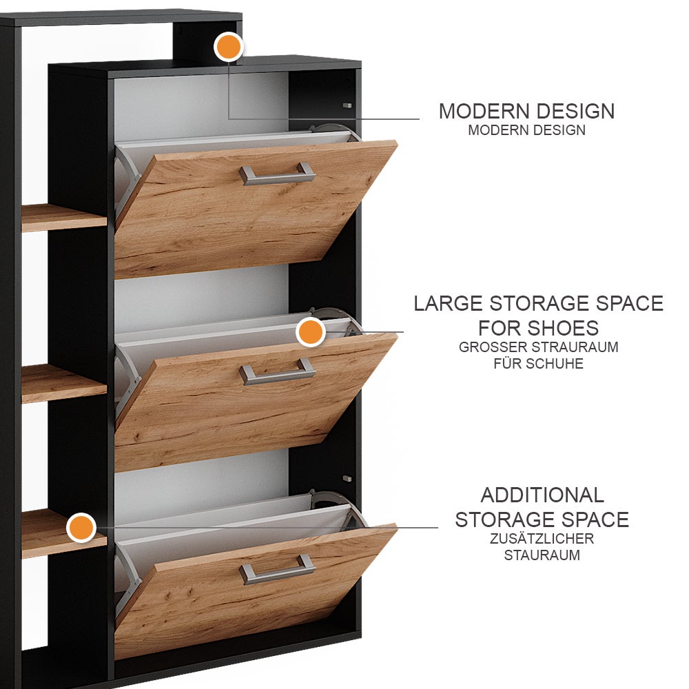 Vicco Meuble à chaussure Orlando, Chêne doré/anthracite, 80x128.3cm avec 3 compartiments - 9
