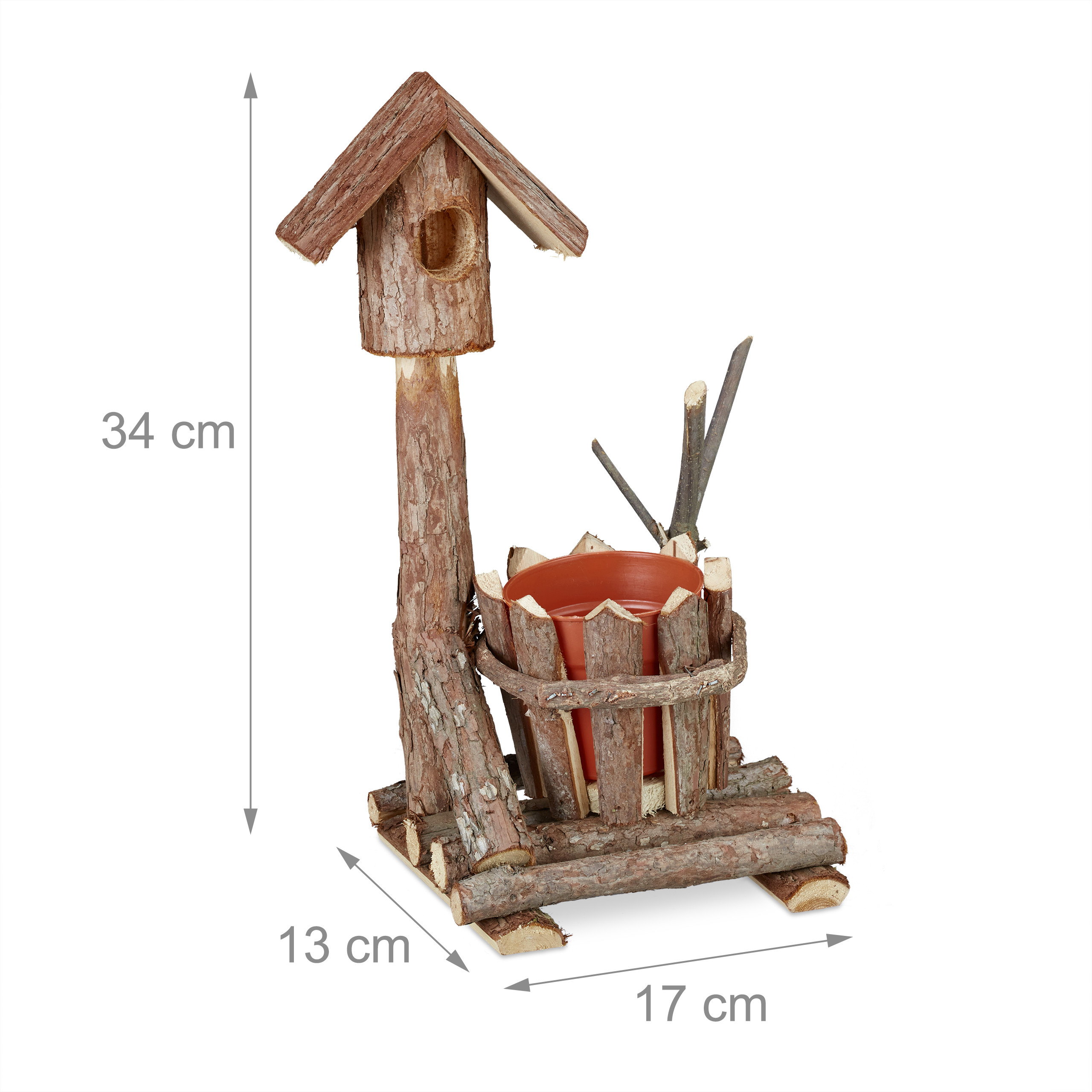 Relaxdays Pot de fleurs en bois, avec maison d’oiseau de déco & de la mousse, rond, décoration rustique, marron - 4